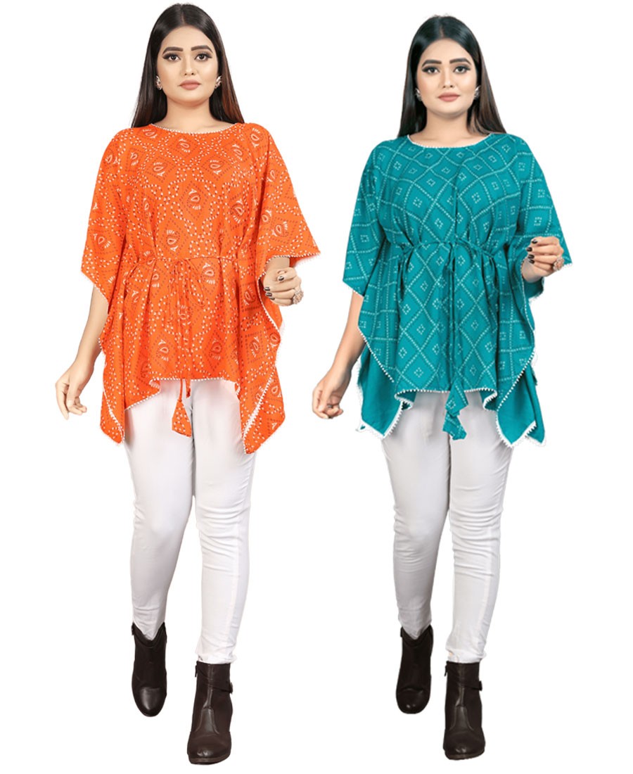 Combo of 2 Bandhani cotton Kaftan dress (Orange and Firozi)