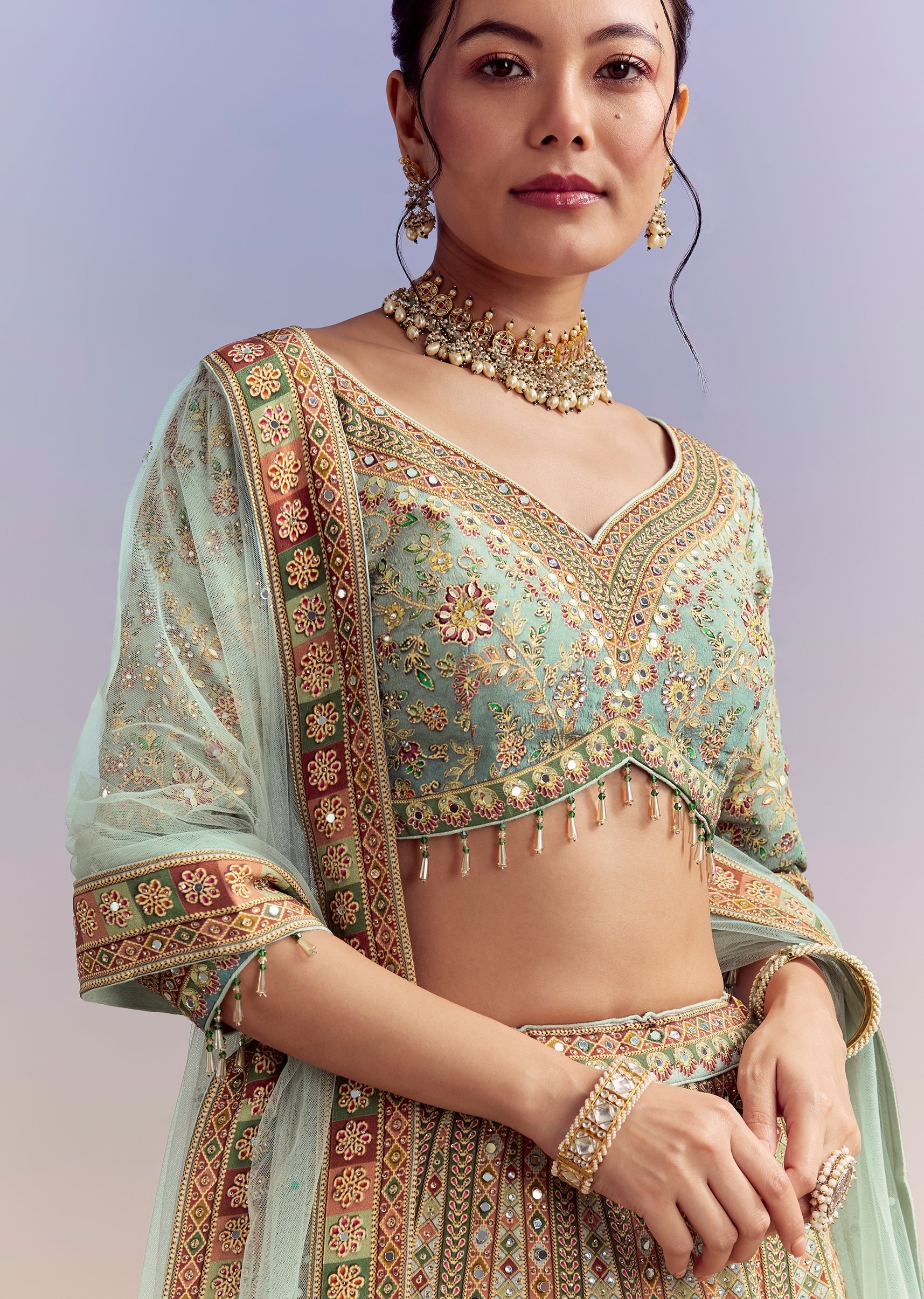 Green Ombre Crepe Printed Bridesmaid Lehenga With Heavy Hand Embroidery