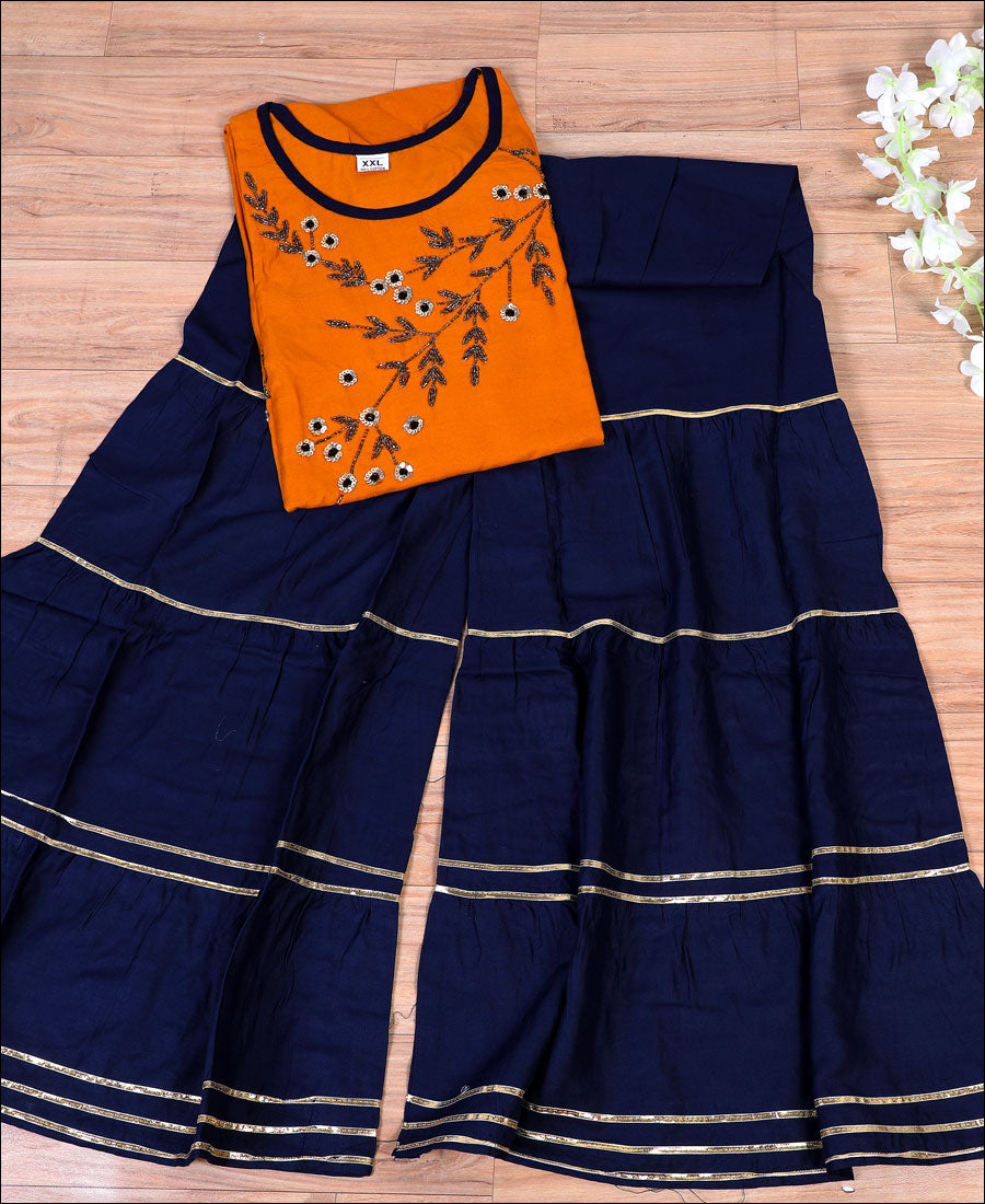 Orange Color Rayon Hand Work Kurti Set