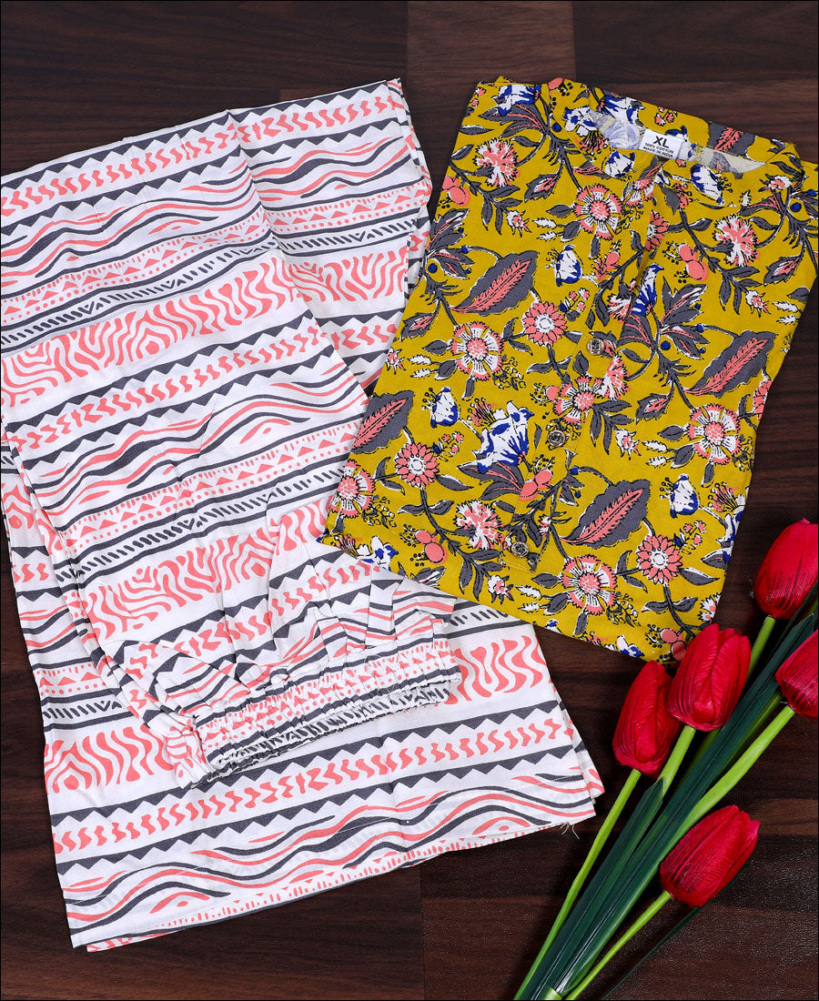 Multi Color Block Print Cotton Kurti Set
