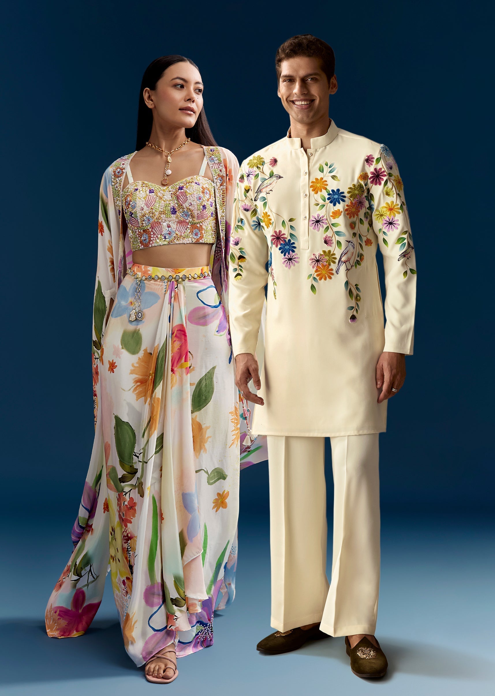 Floral Festive Couple Set – Cream Crop Top Skirt Set With Embroidered Cape For Her And Off-White Palazzo Kurta Set For Him