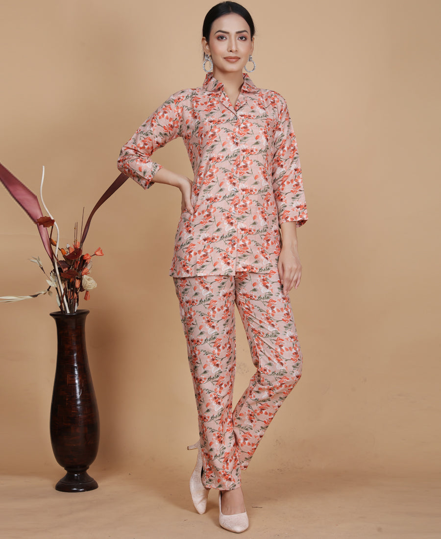 Stunning Orange Color Floral Printed Cotton Co-Ord Set