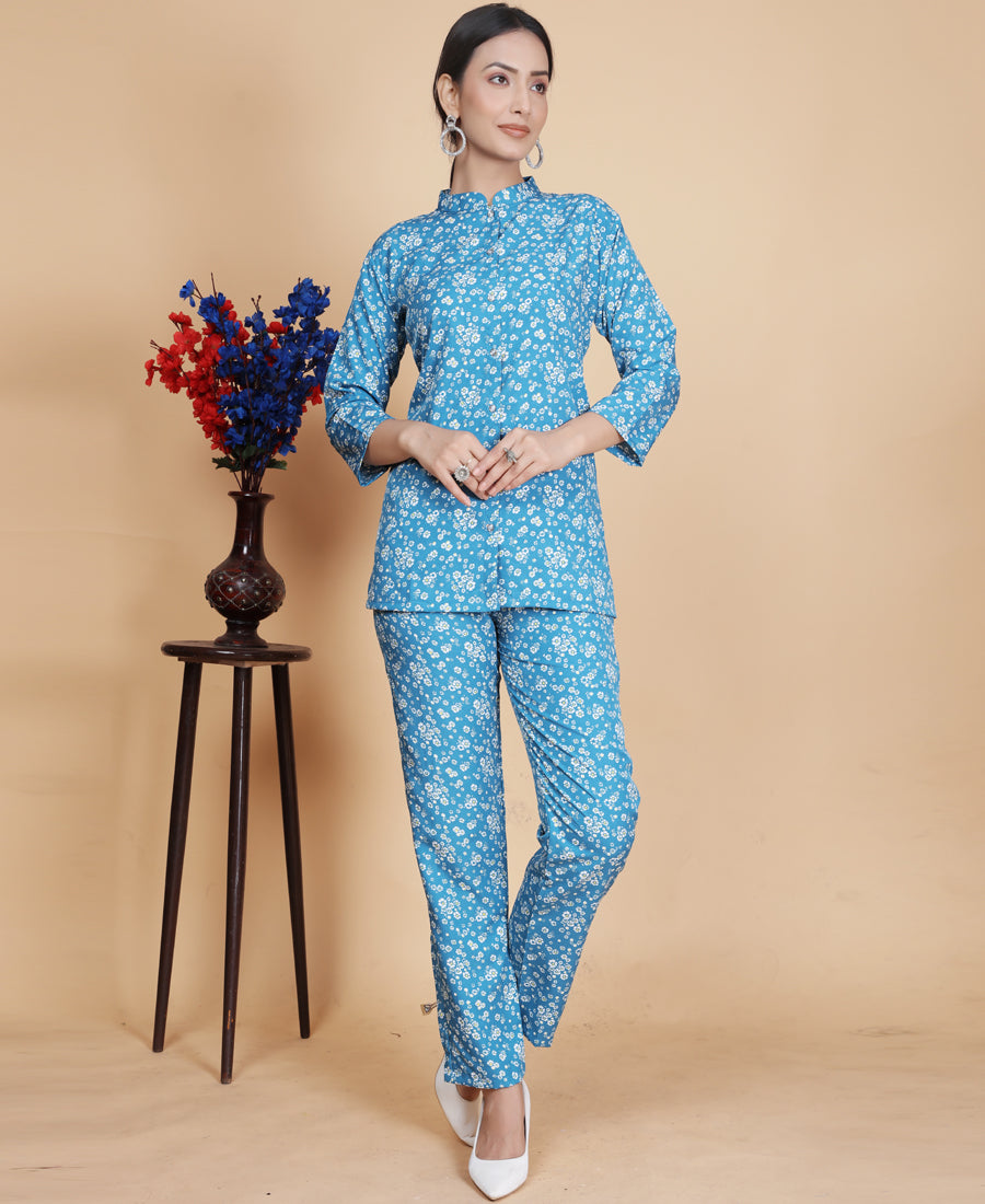 Decorative Sky Blue Color Floral Printed Co-Ord Set