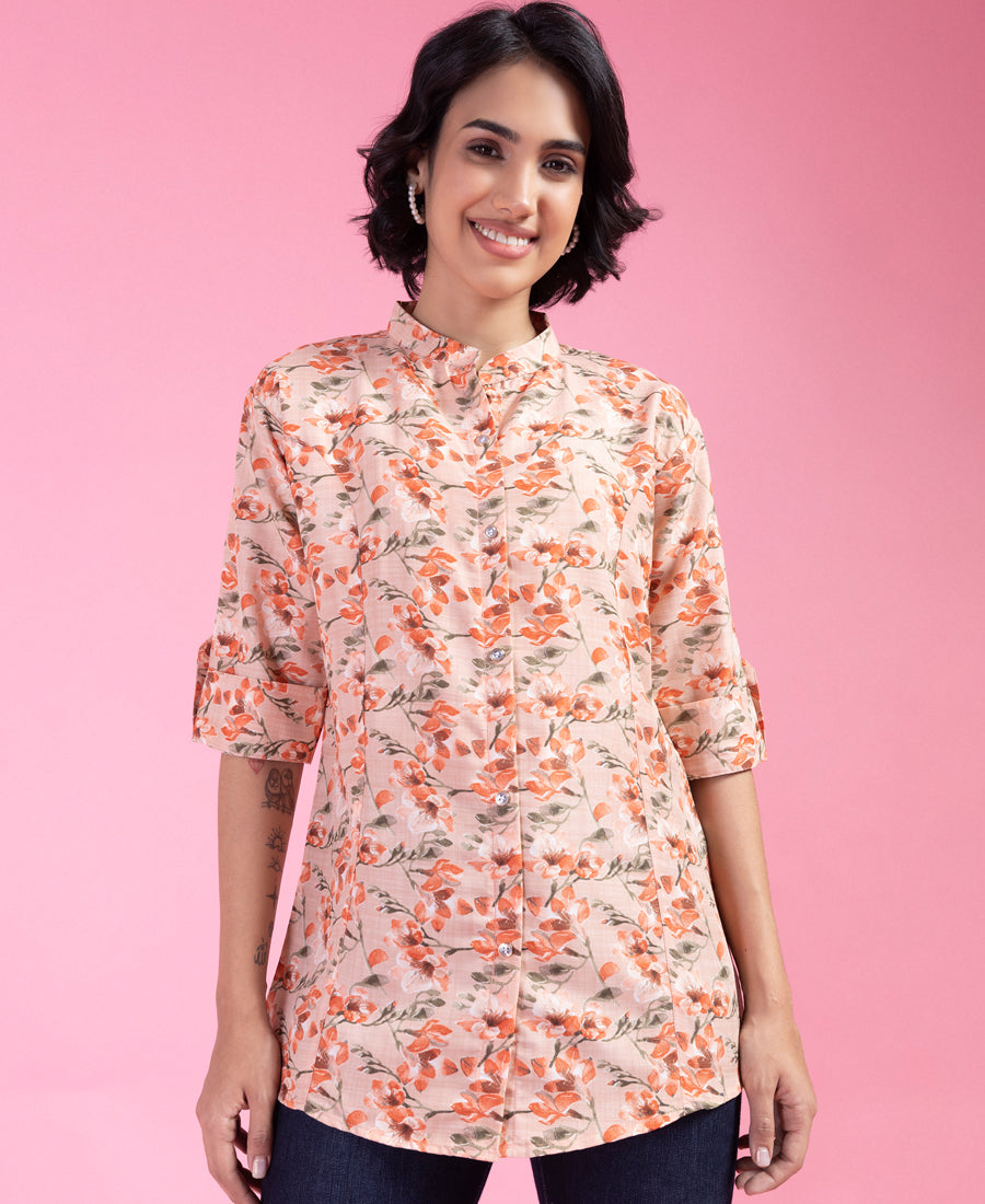Beautiful Peach Color Floral Printed Shirt Style Top