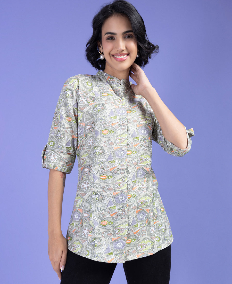 Deightful Light Green Color Floral Printed Shirt Style Top