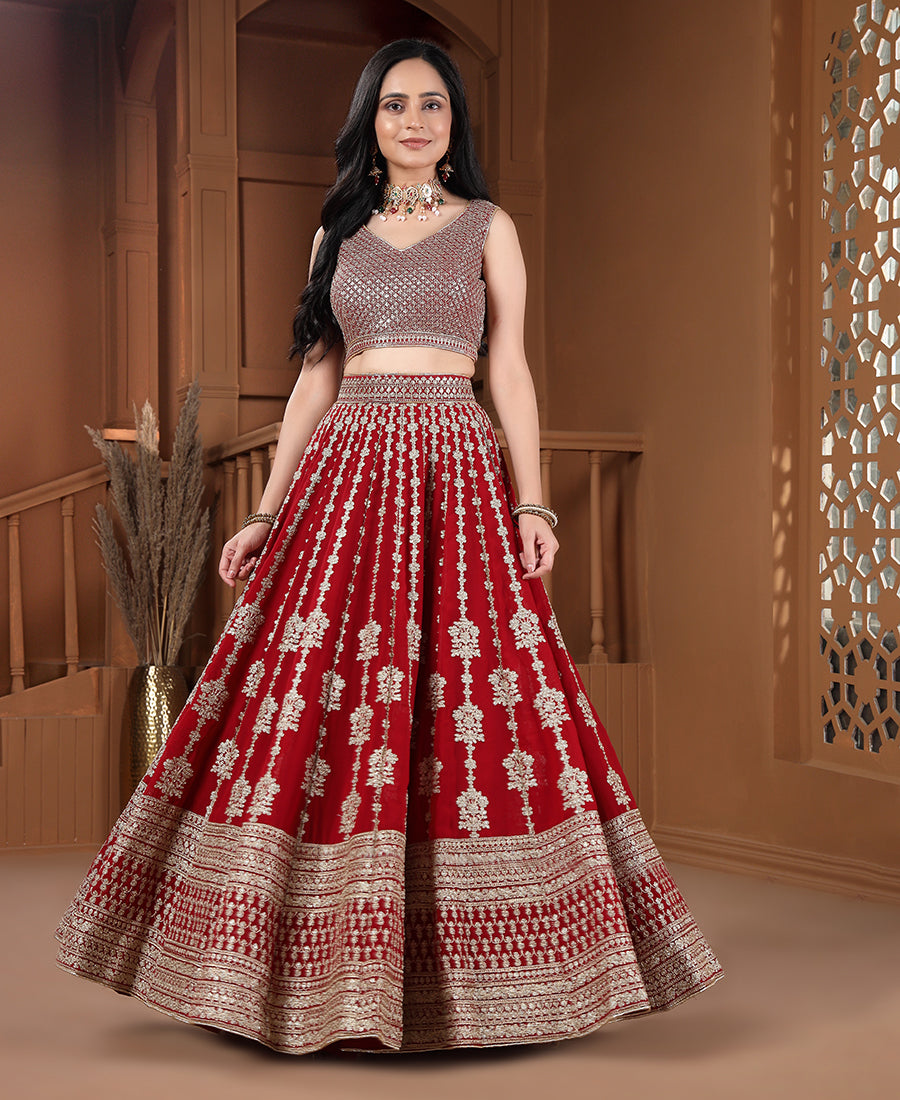 Red Color Georgette Sequins and Cording Work Lehenga Choli
