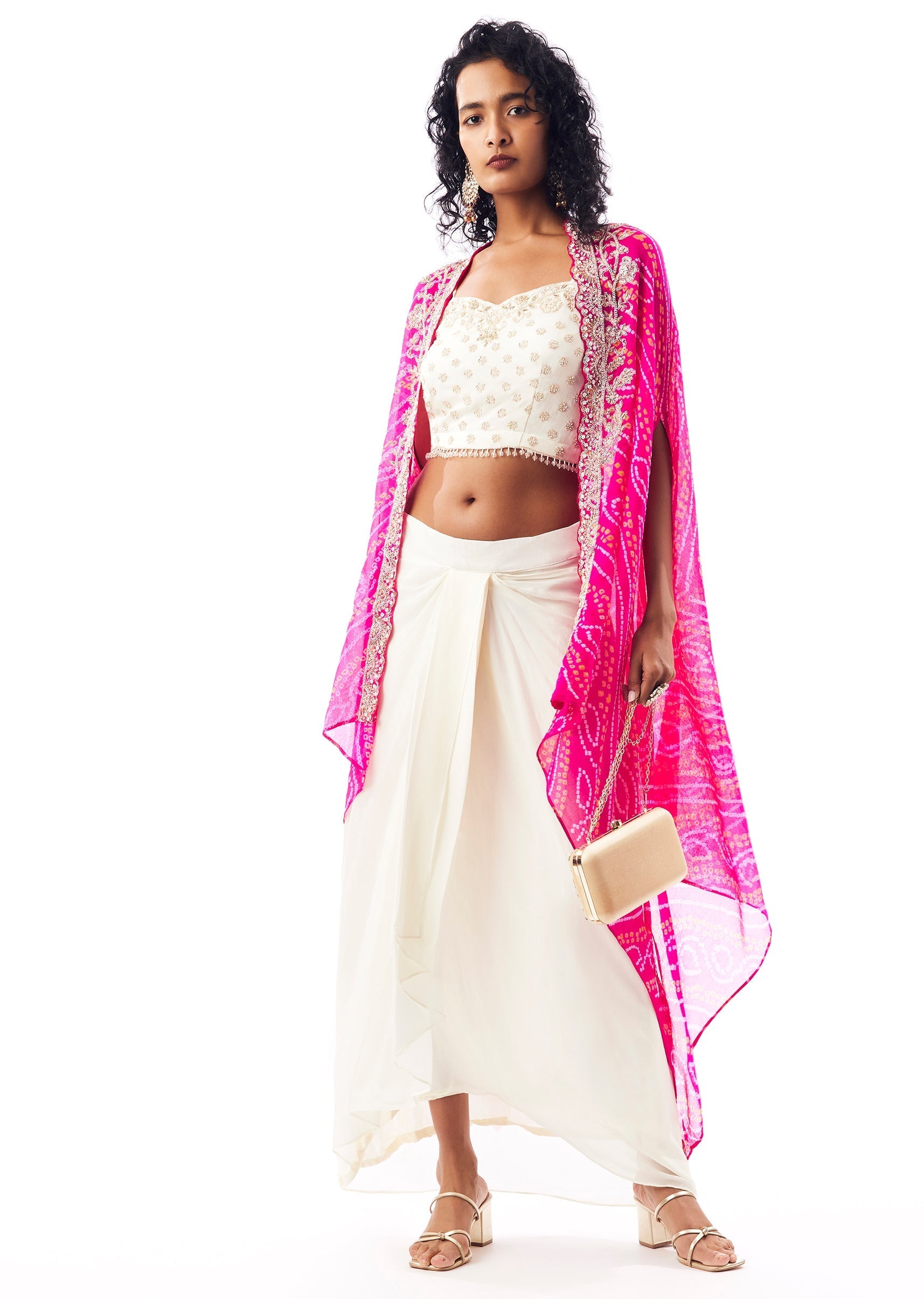 Bandhani Cape Set With Embellished Crop Top And Flared Skirt