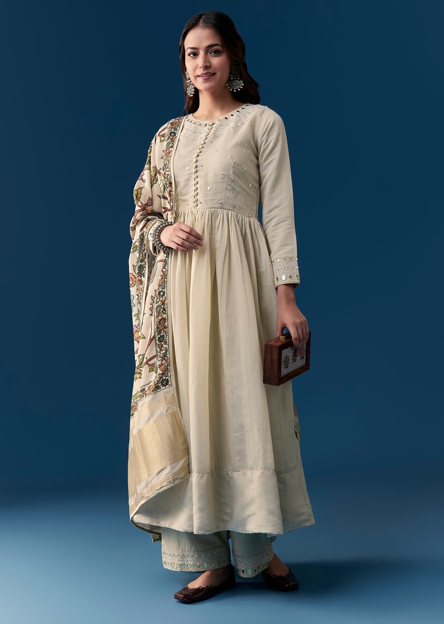 Beige Chanderi Anarkali Set With Mirror And Sequins Work