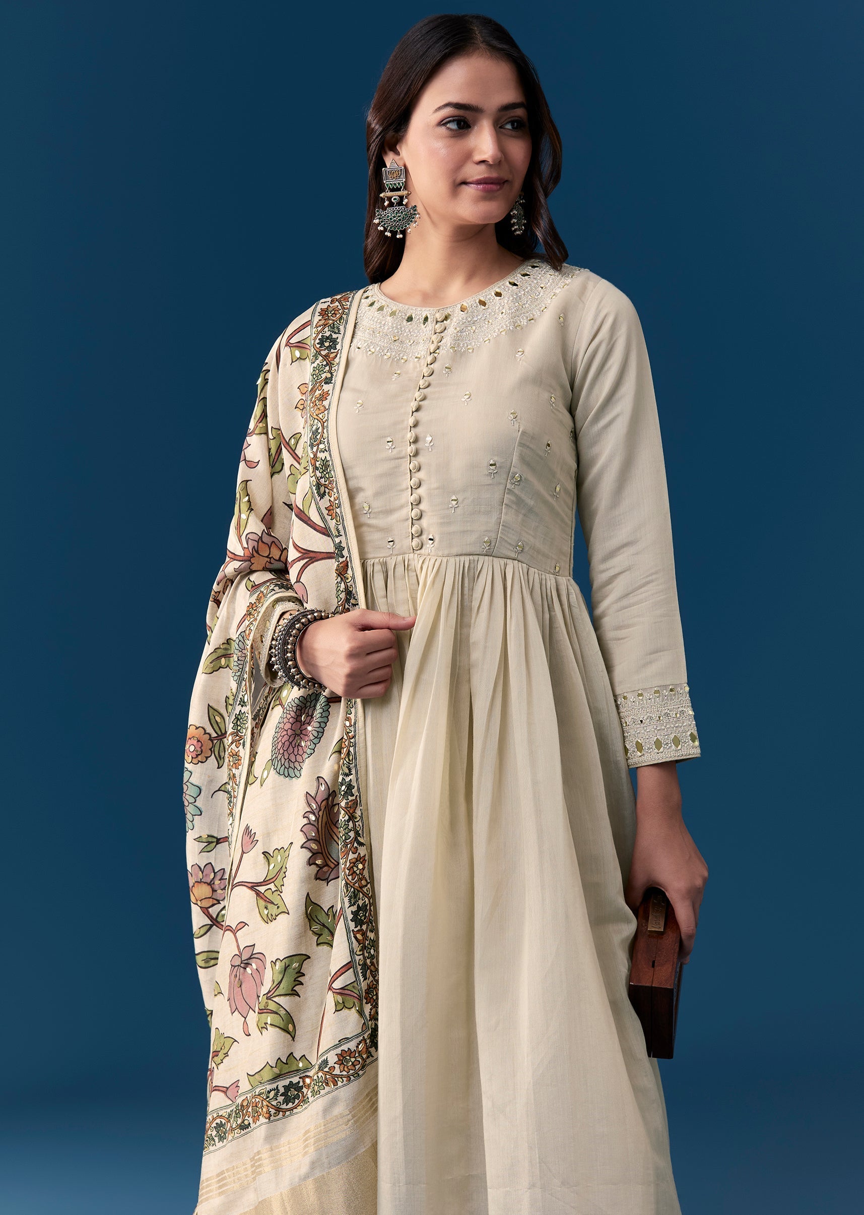 Beige Chanderi Anarkali Set With Mirror And Sequins Work