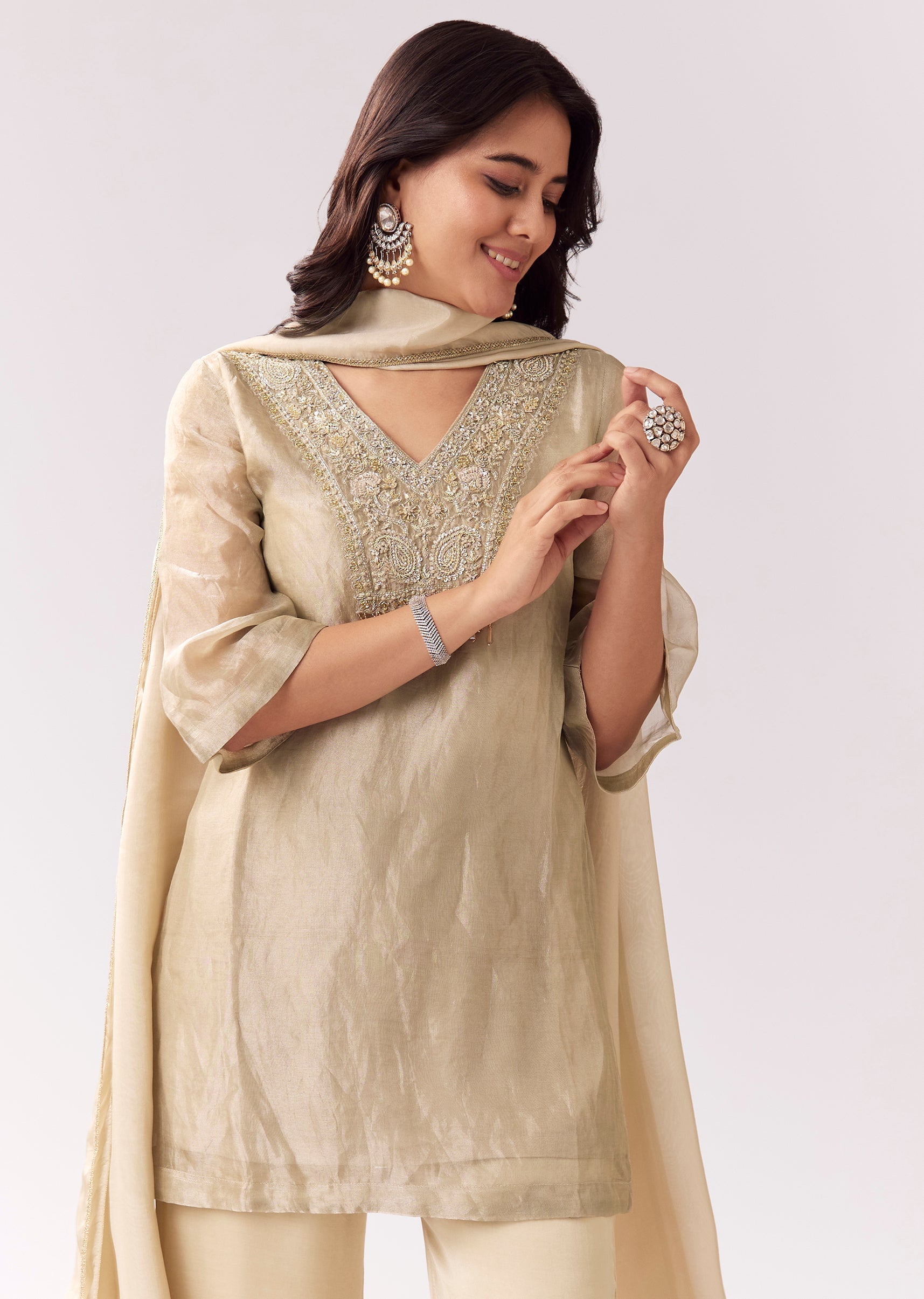 Beige Shimmer Palazzo Suit With Sequin Work