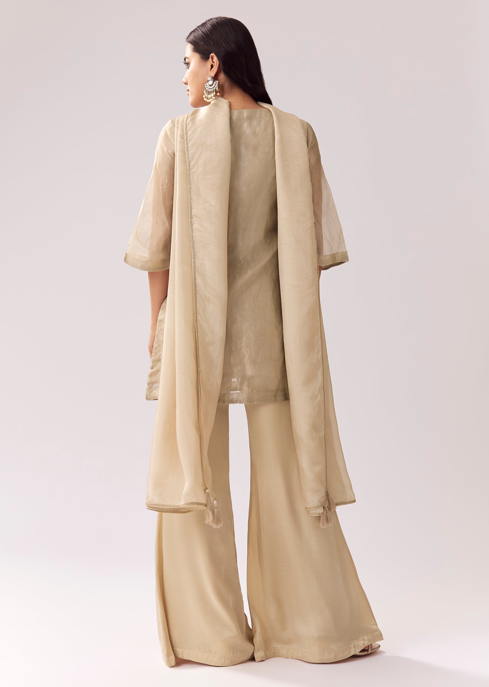 Beige Shimmer Palazzo Suit With Sequin Work