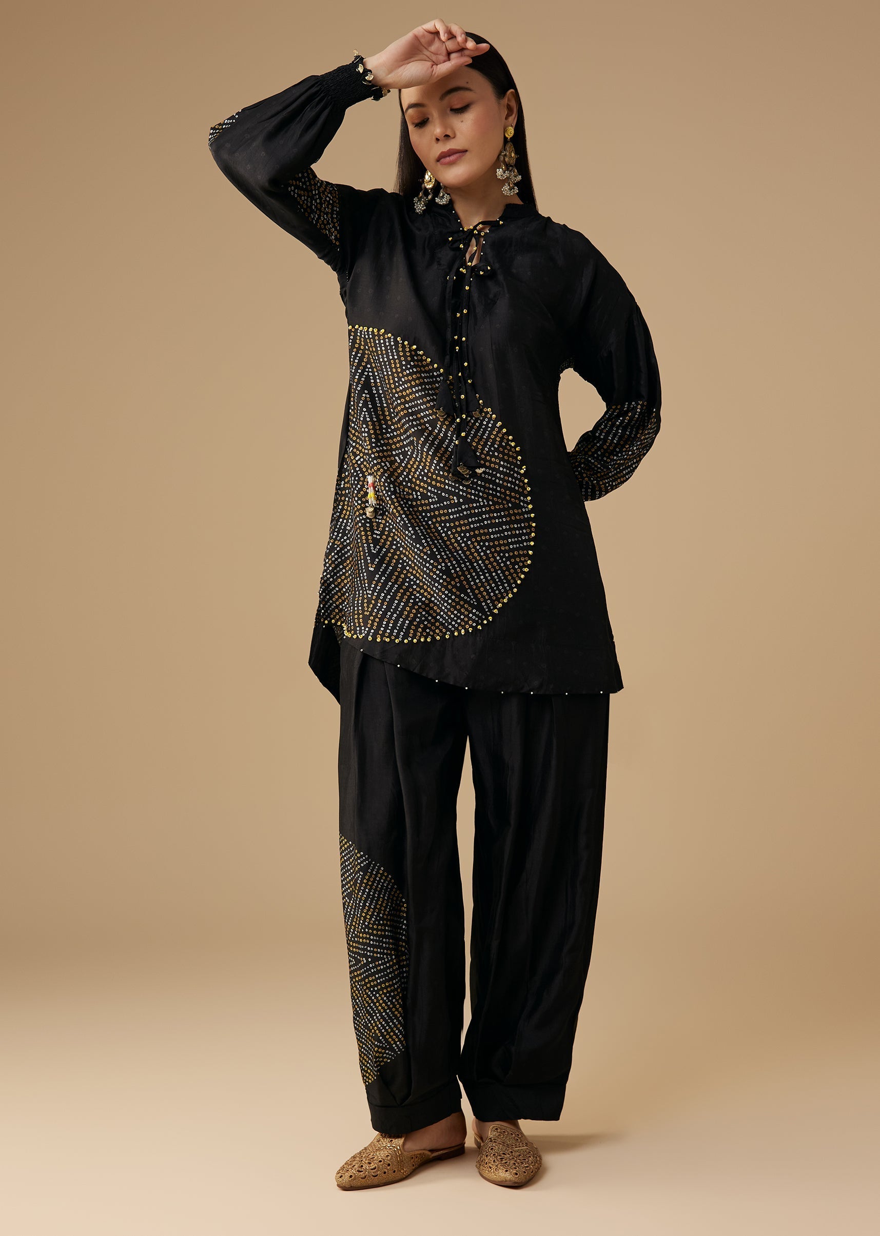 Black Bandhani Printed Silk Kurta Pant Set