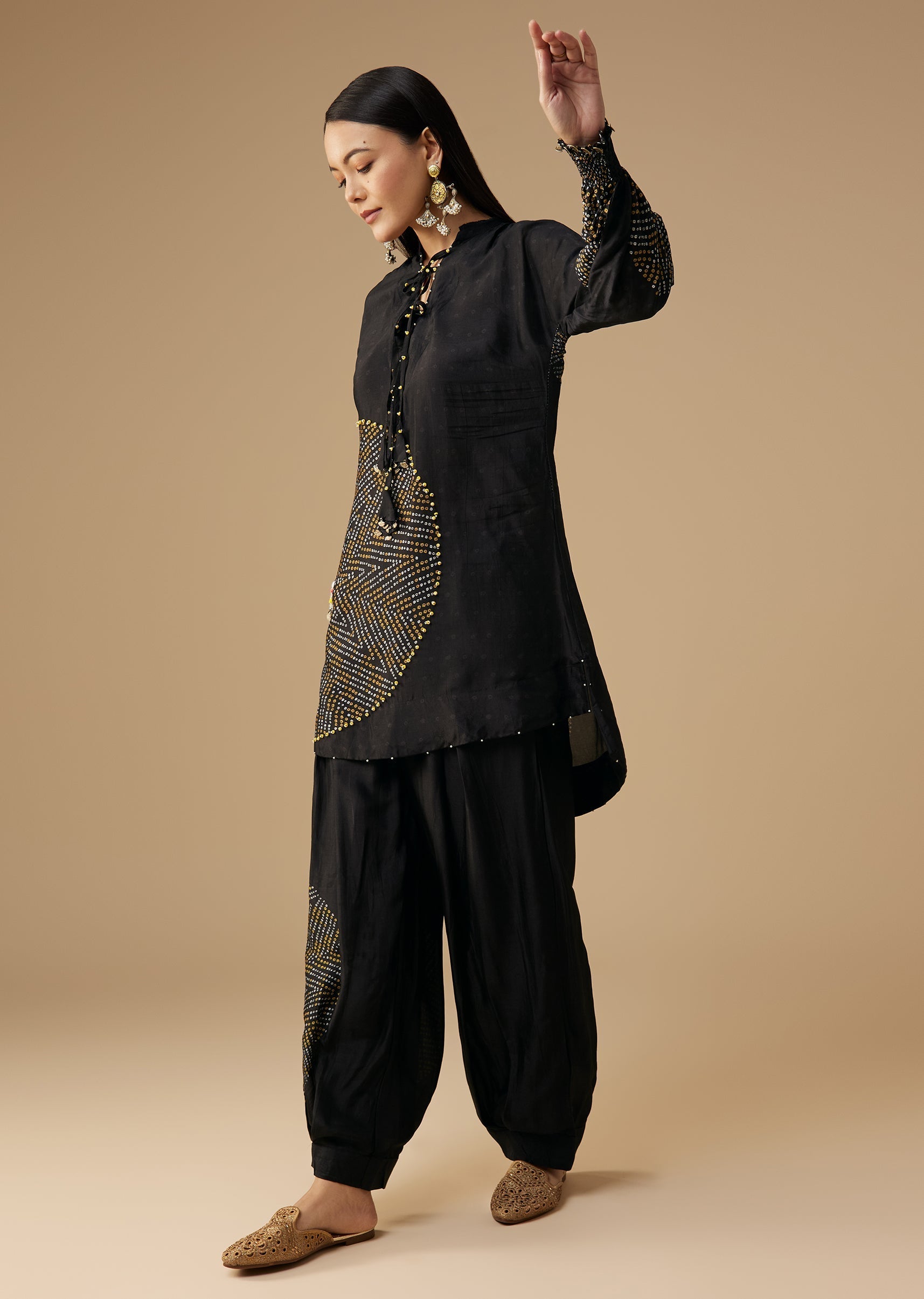 Black Bandhani Printed Silk Kurta Pant Set