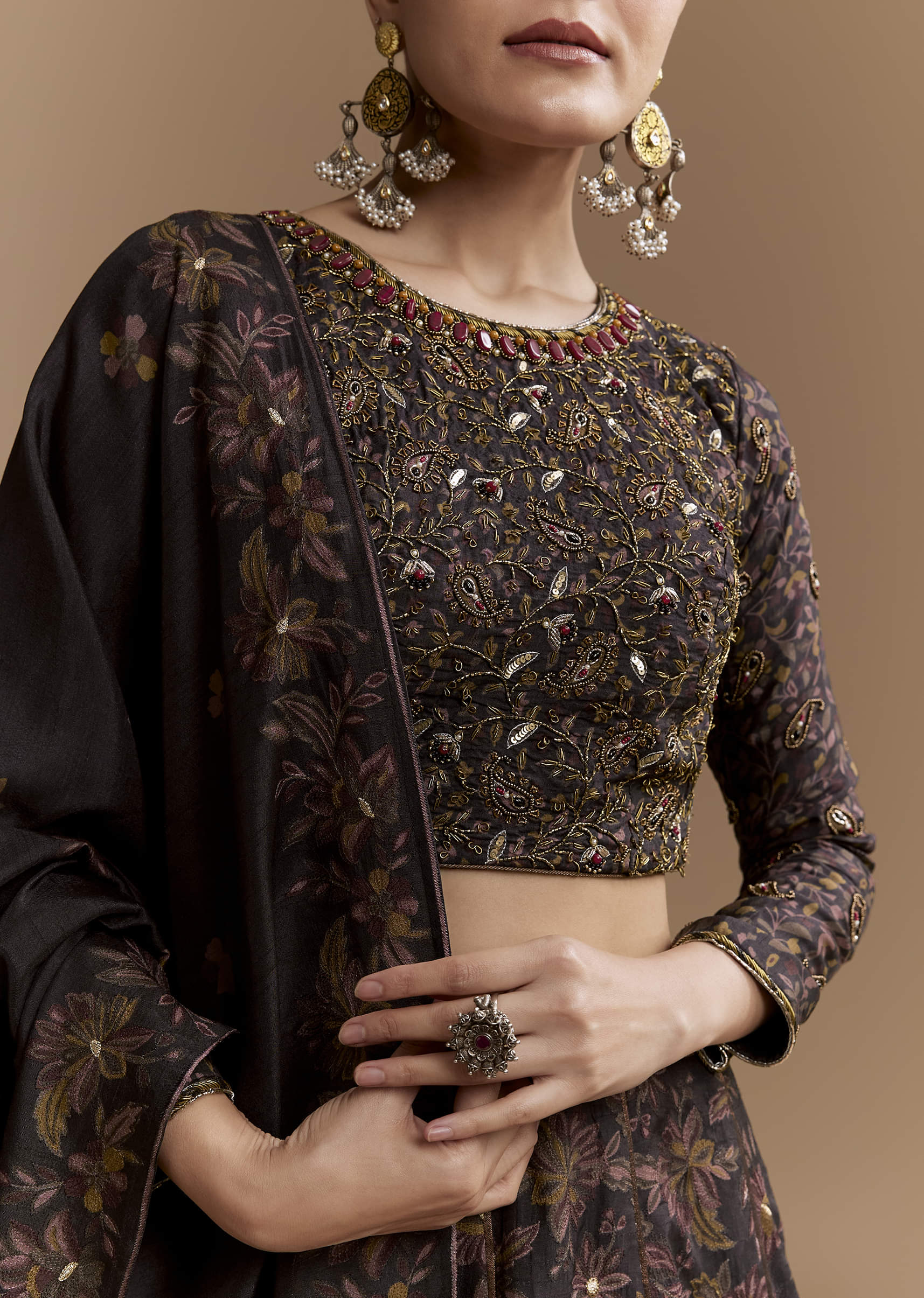 Black Floral Print Silk Brdiesmaid Lehenga Set with Dupatta