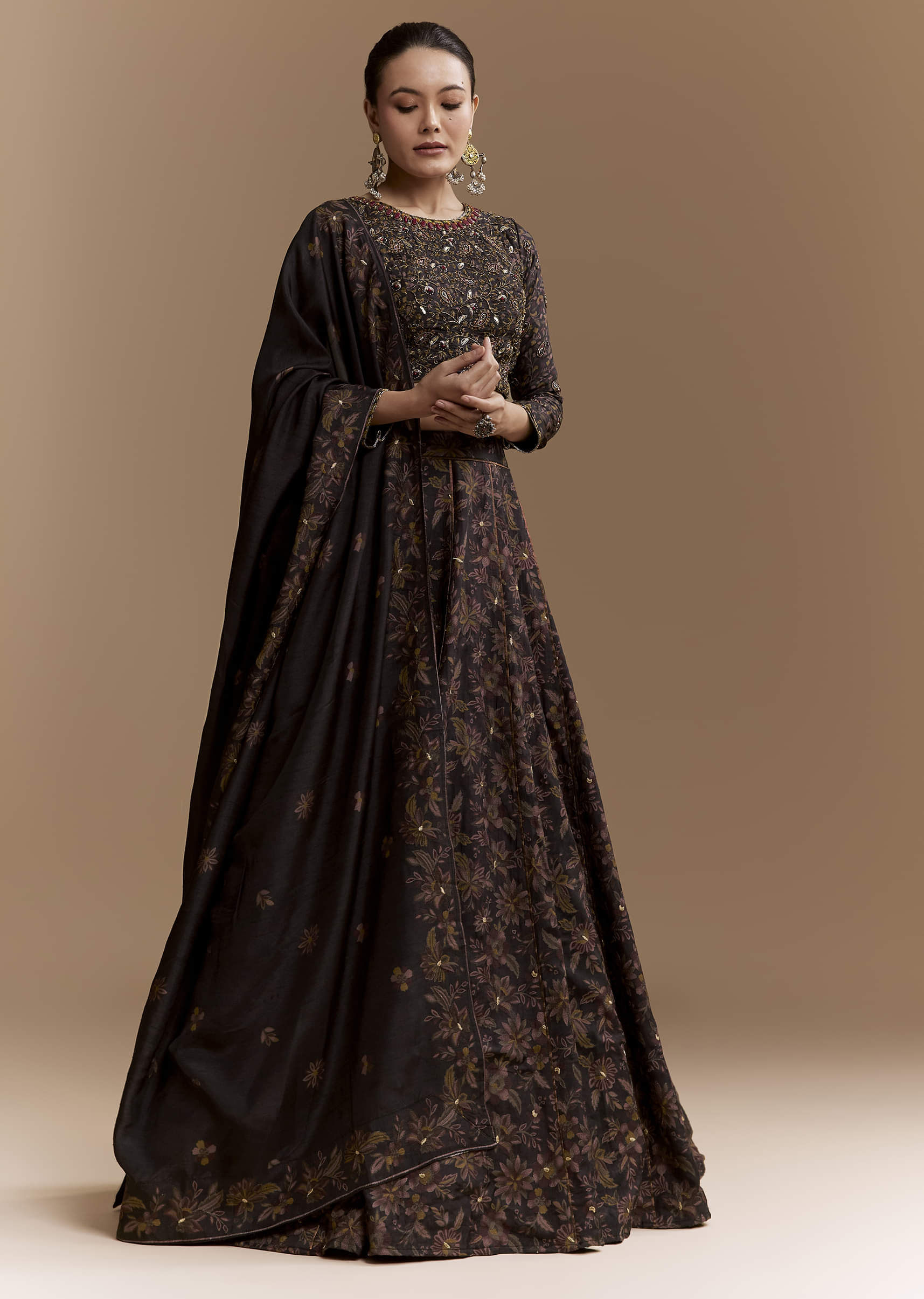 Black Floral Print Silk Brdiesmaid Lehenga Set with Dupatta