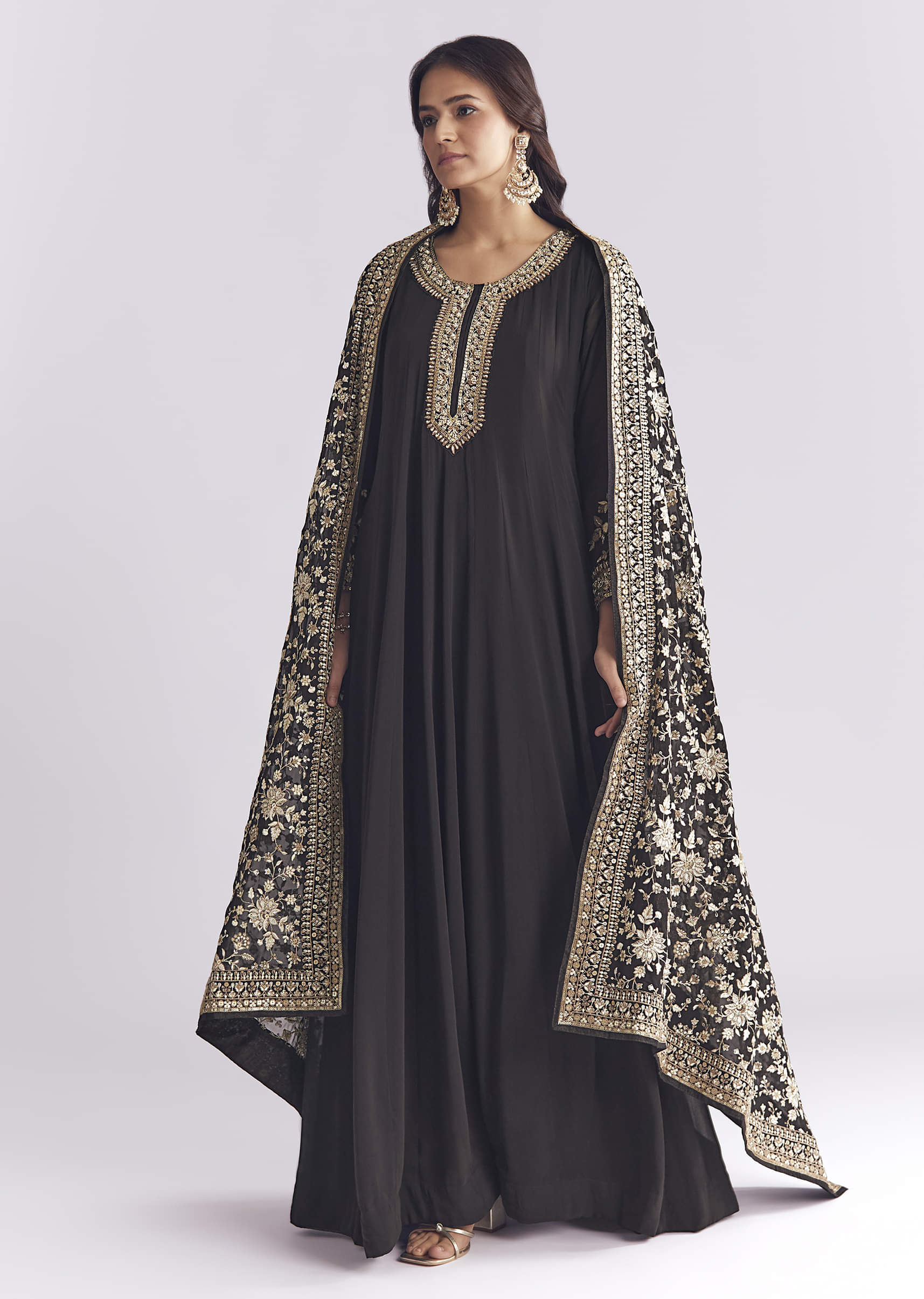 Black Georgette Anarkali Suit With Thread And Sequins Work