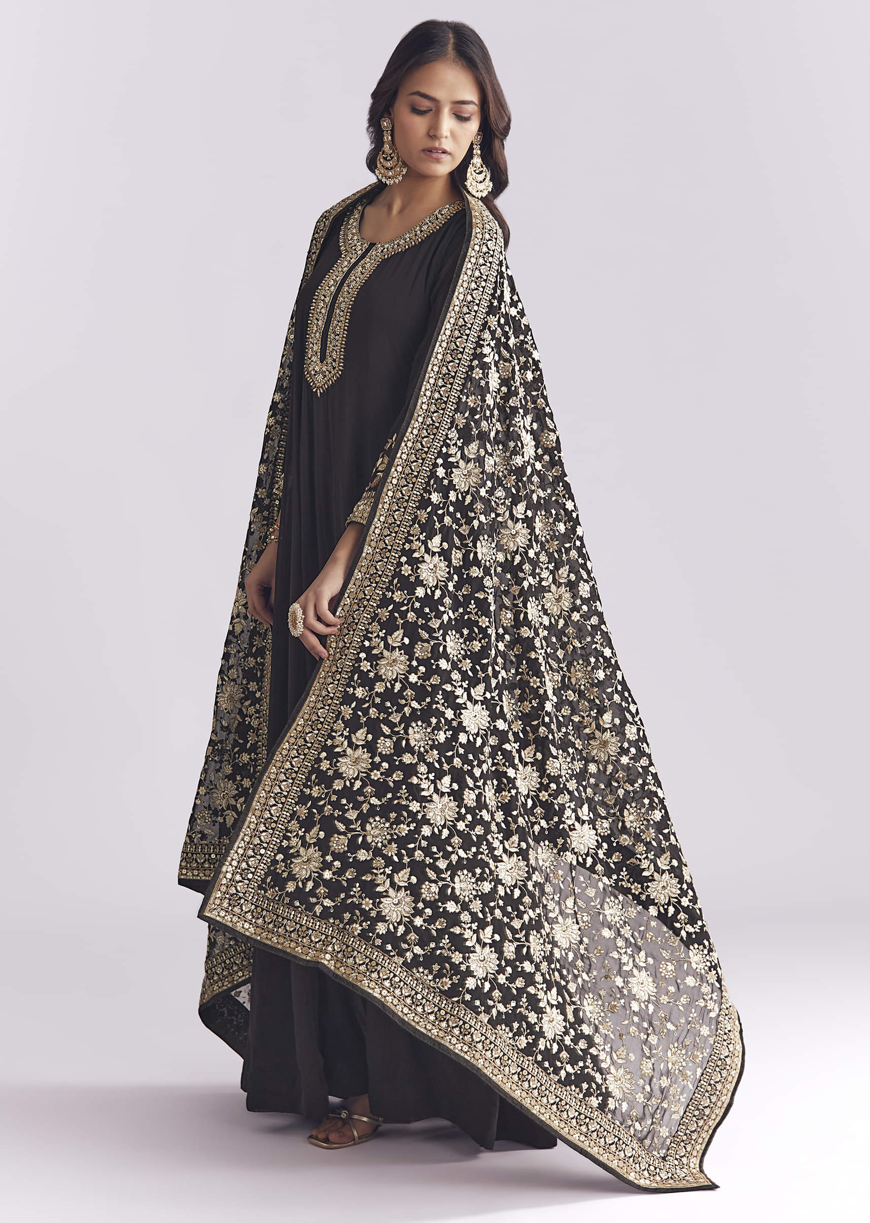 Black Georgette Anarkali Suit With Thread And Sequins Work