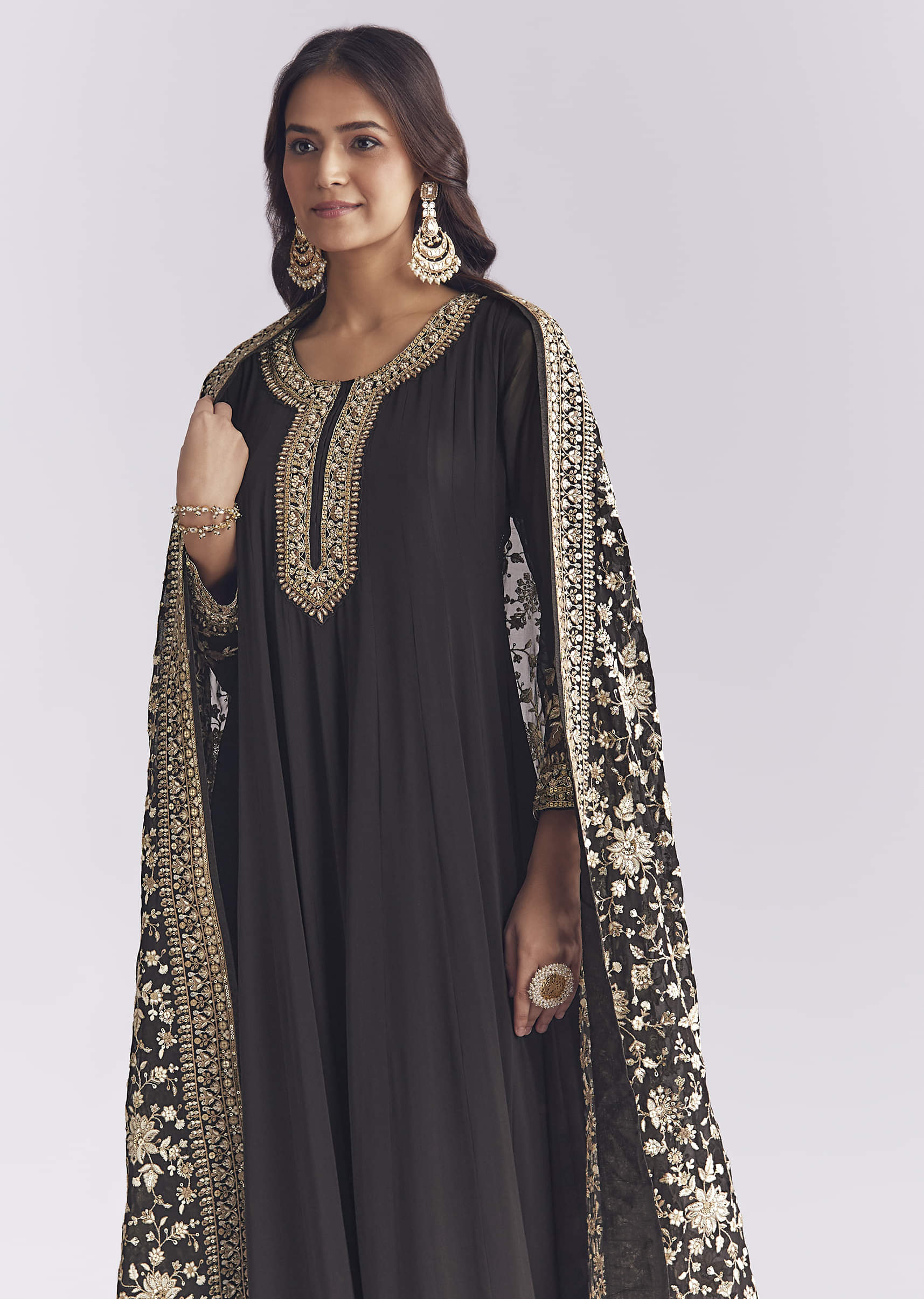 Black Georgette Anarkali Suit With Thread And Sequins Work