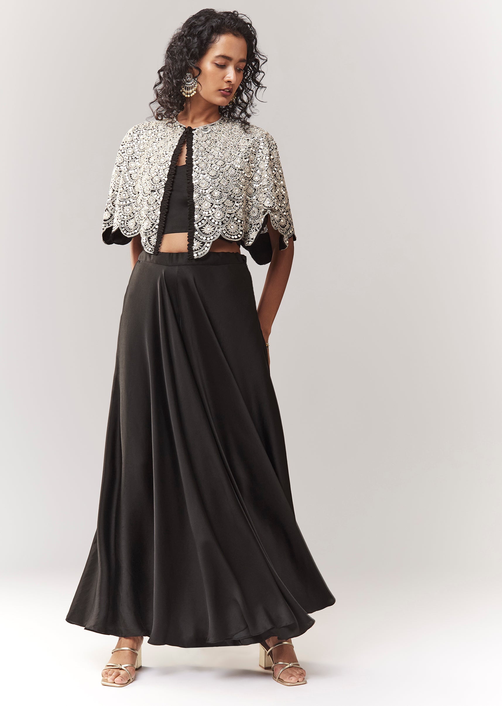Black Mirror And Cutdana Work Cape Set With Palazzo