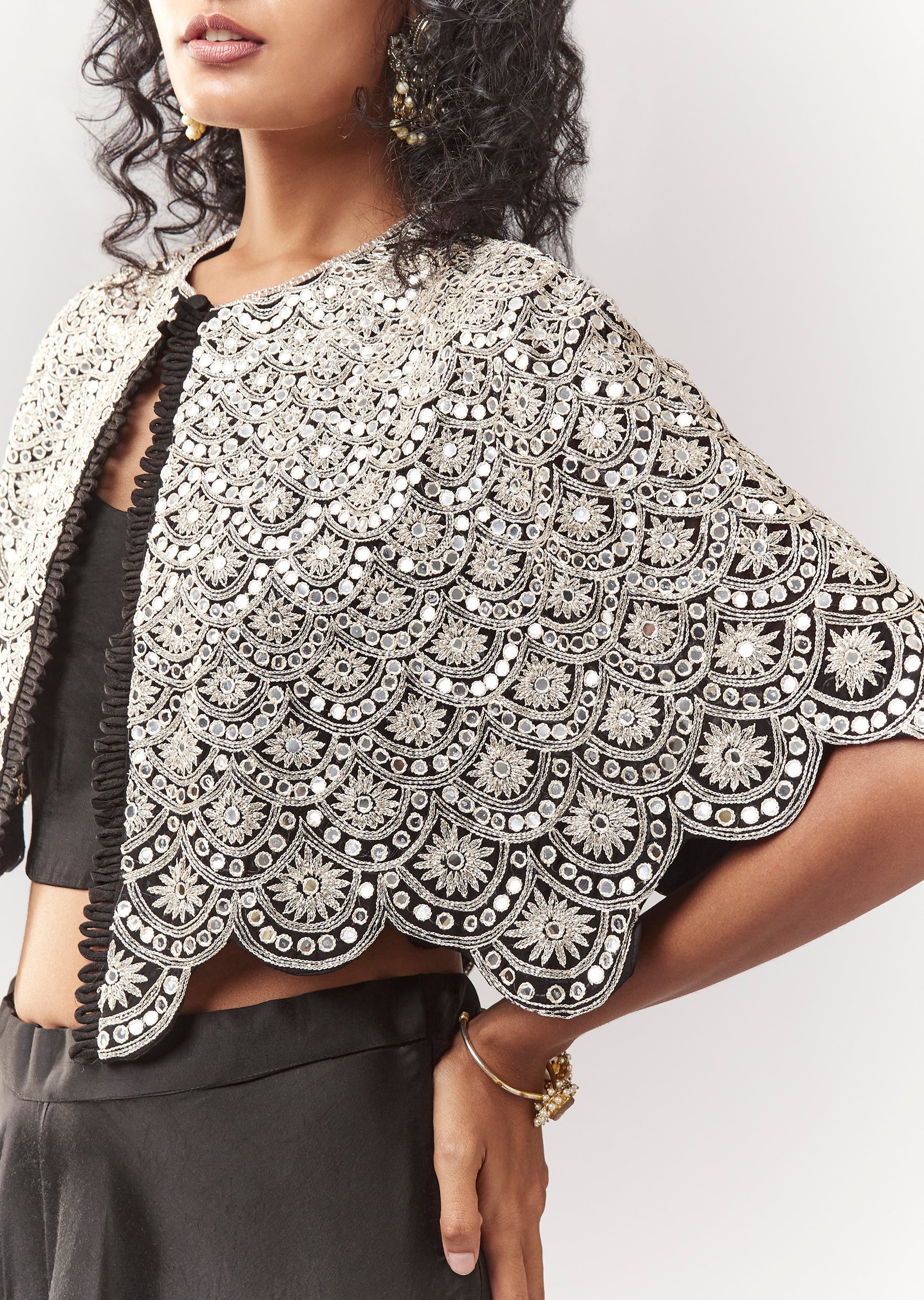 Black Mirror And Cutdana Work Cape Set With Palazzo