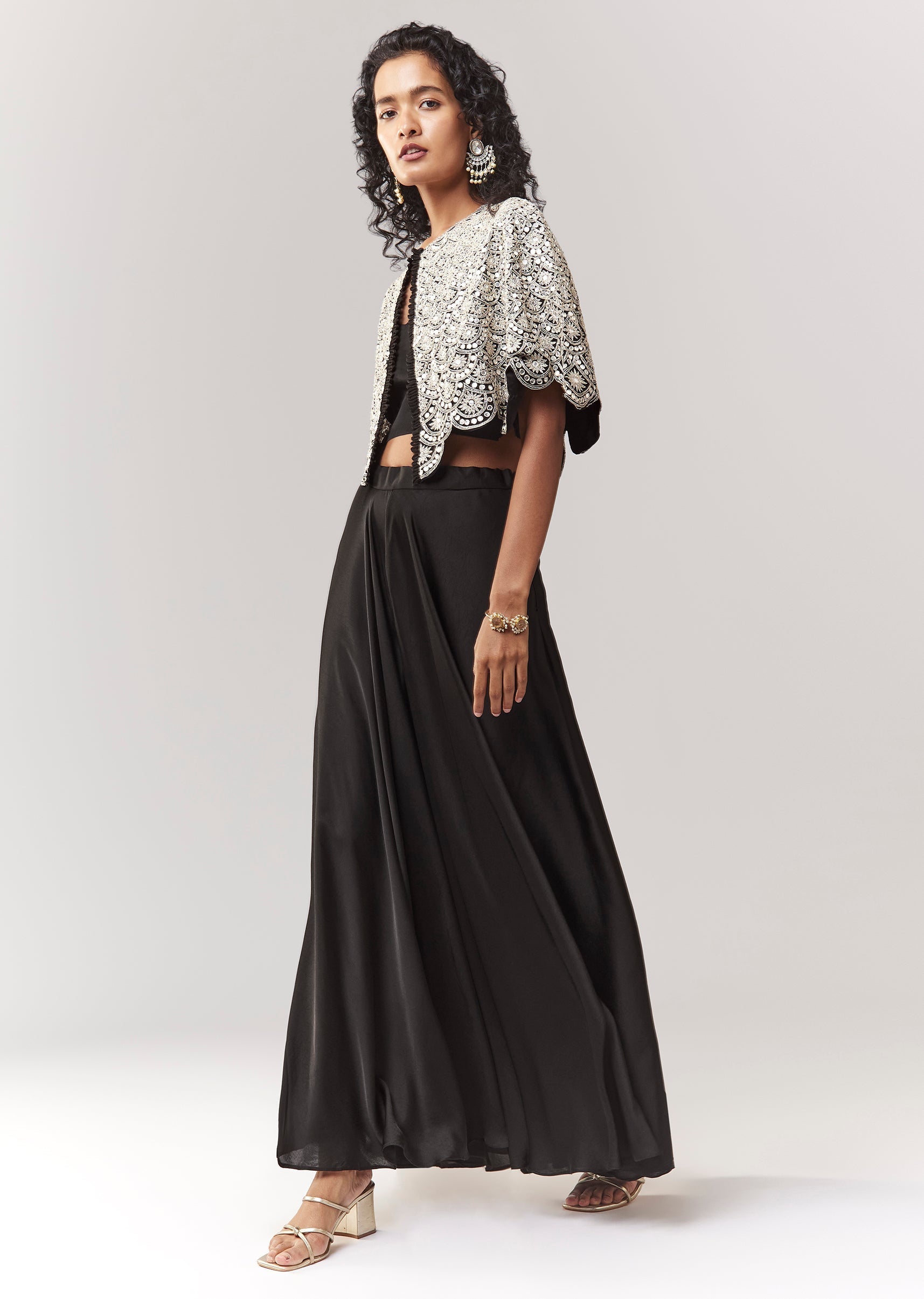 Black Mirror And Cutdana Work Cape Set With Palazzo