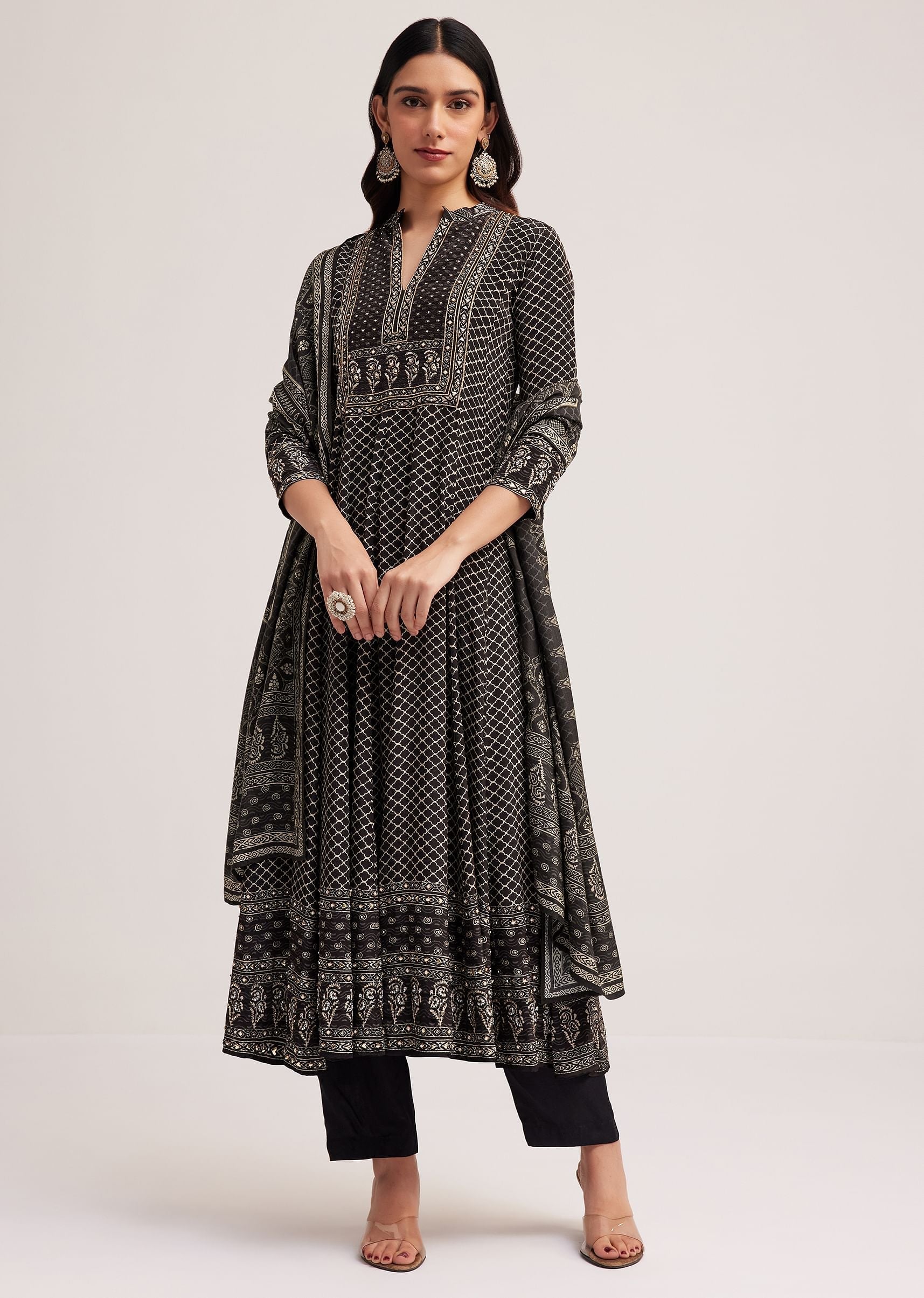 Black Printed Anarkali Set With Dupatta