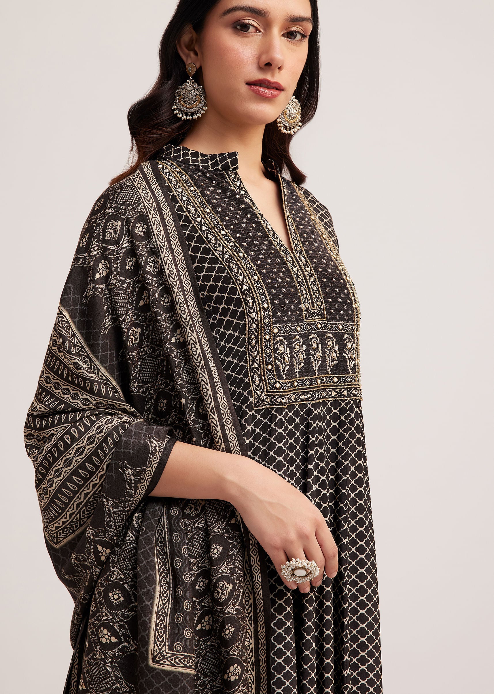 Black Printed Anarkali Set With Dupatta