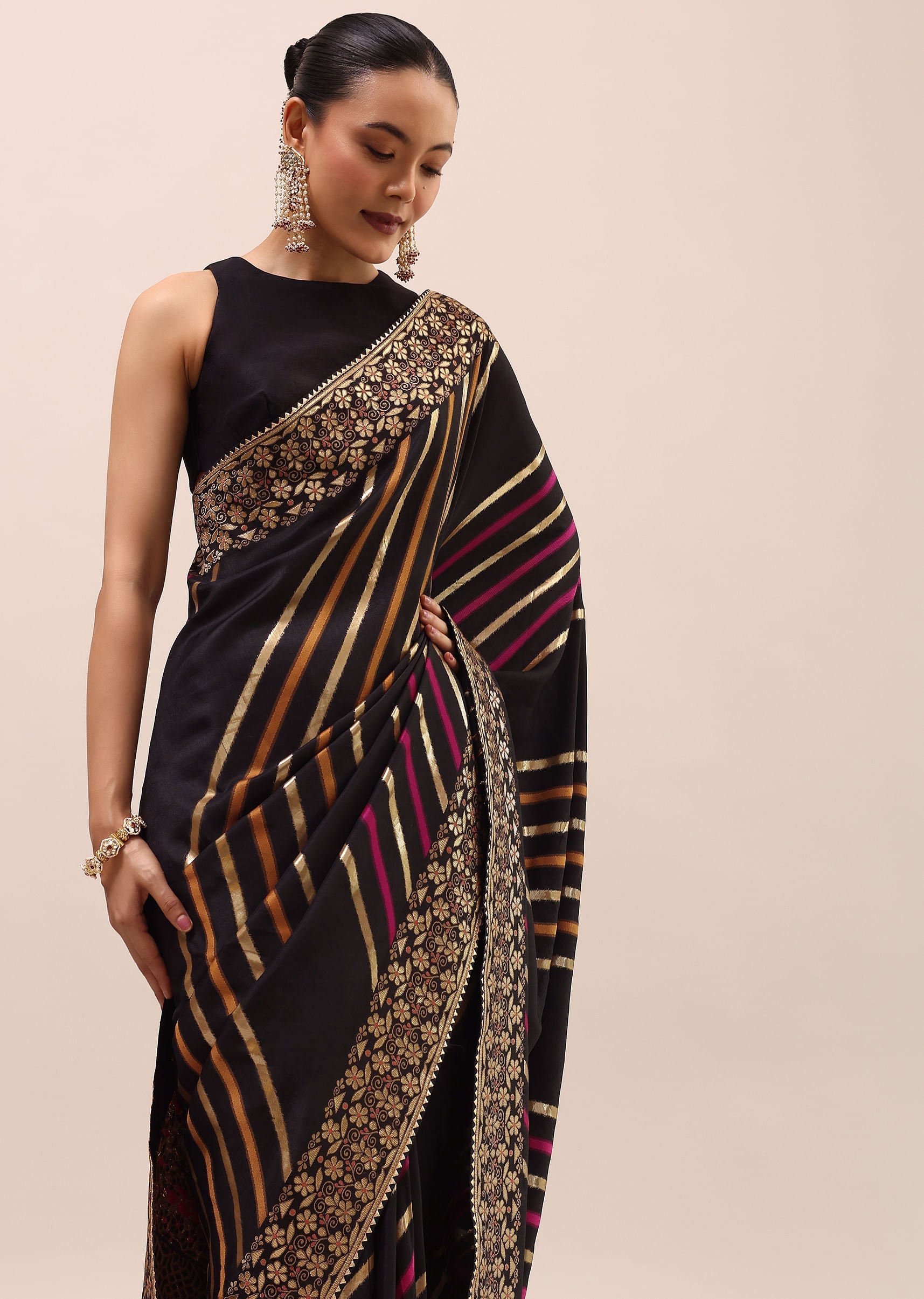 Black Silk Saree In Butta Work With Unstitched Blouse