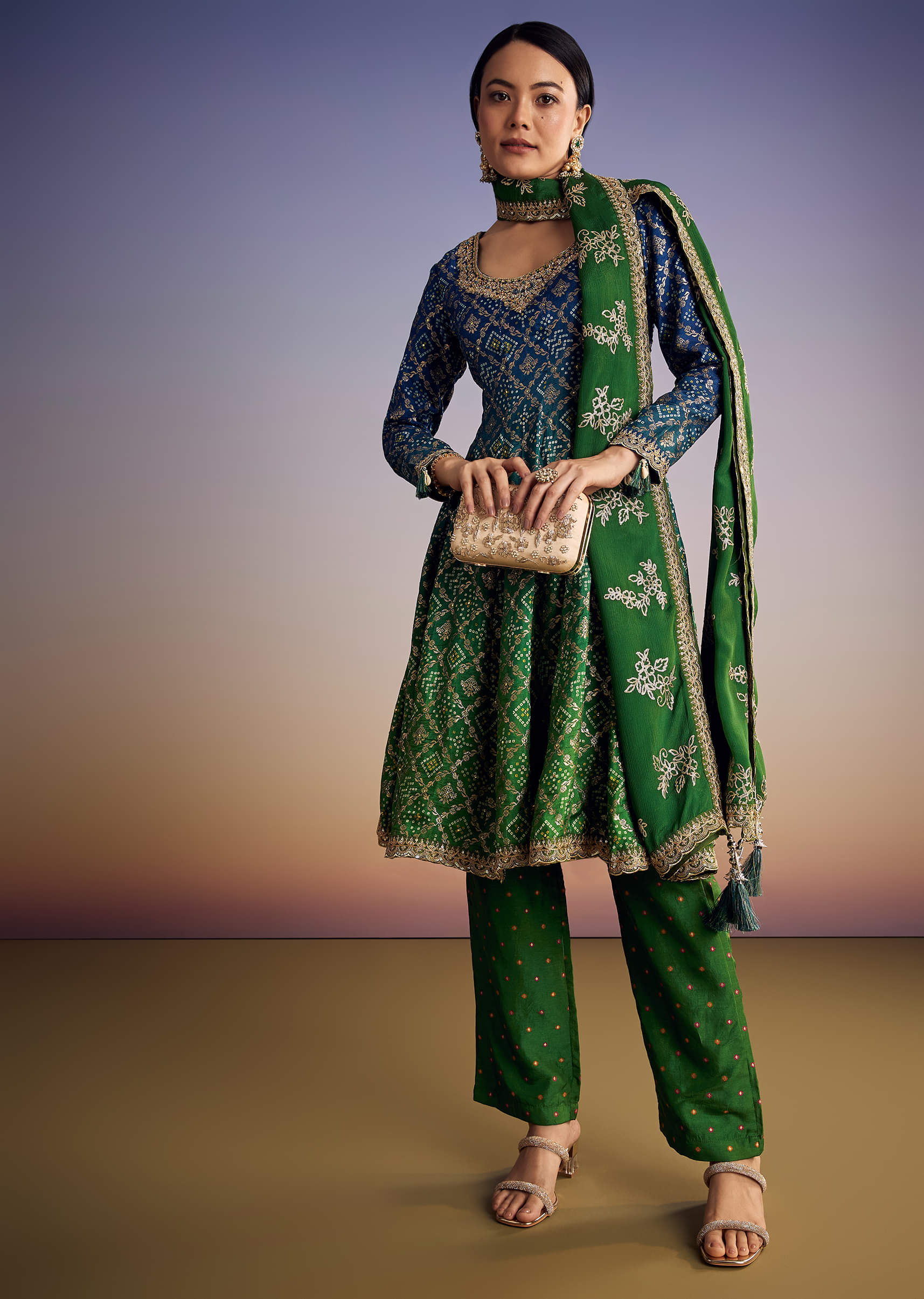 Blue And Green Ombre Bandhani Anarkali Suit With Zardosi Neckline