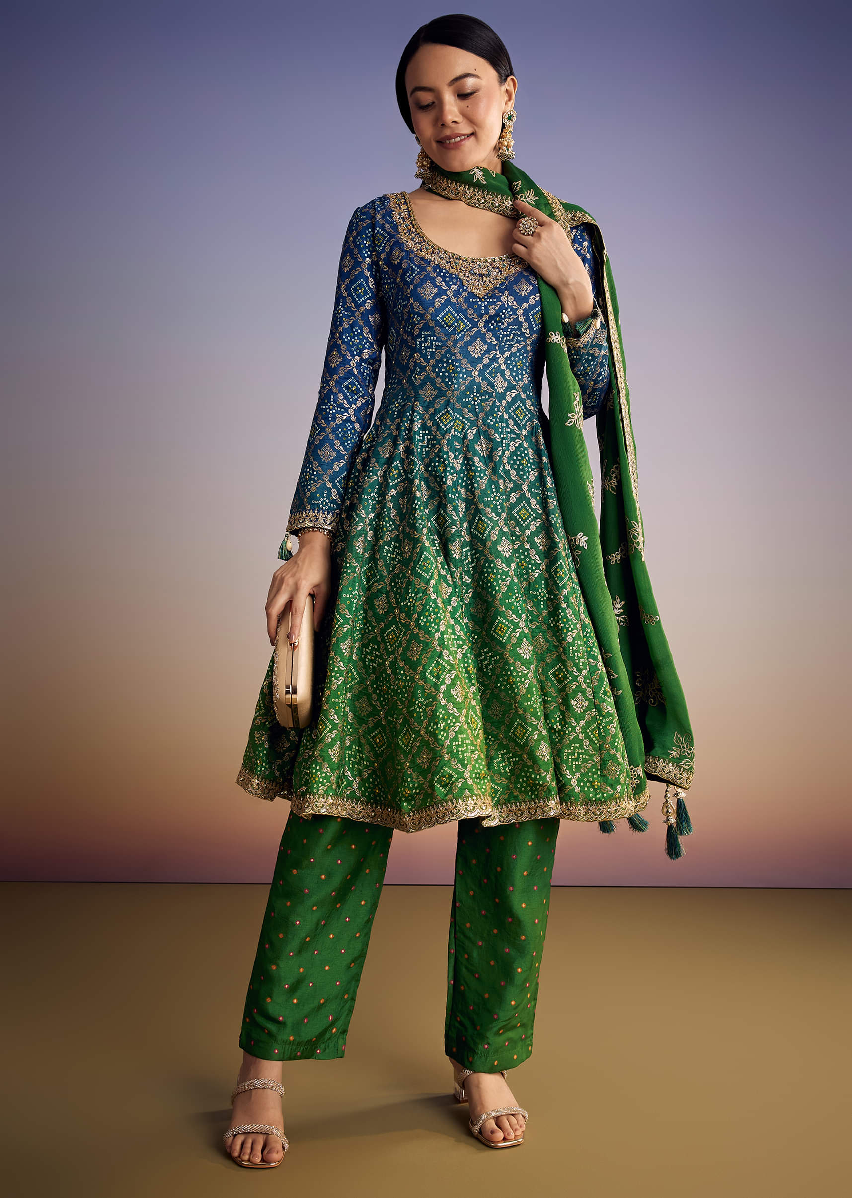 Blue And Green Ombre Bandhani Anarkali Suit With Zardosi Neckline