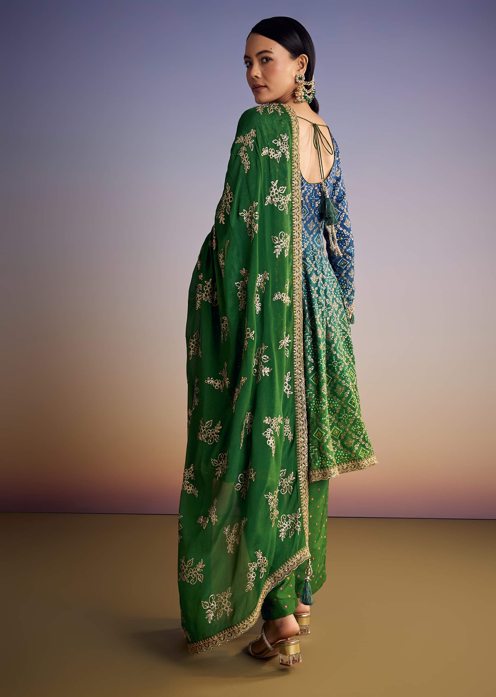Blue And Green Ombre Bandhani Anarkali Suit With Zardosi Neckline