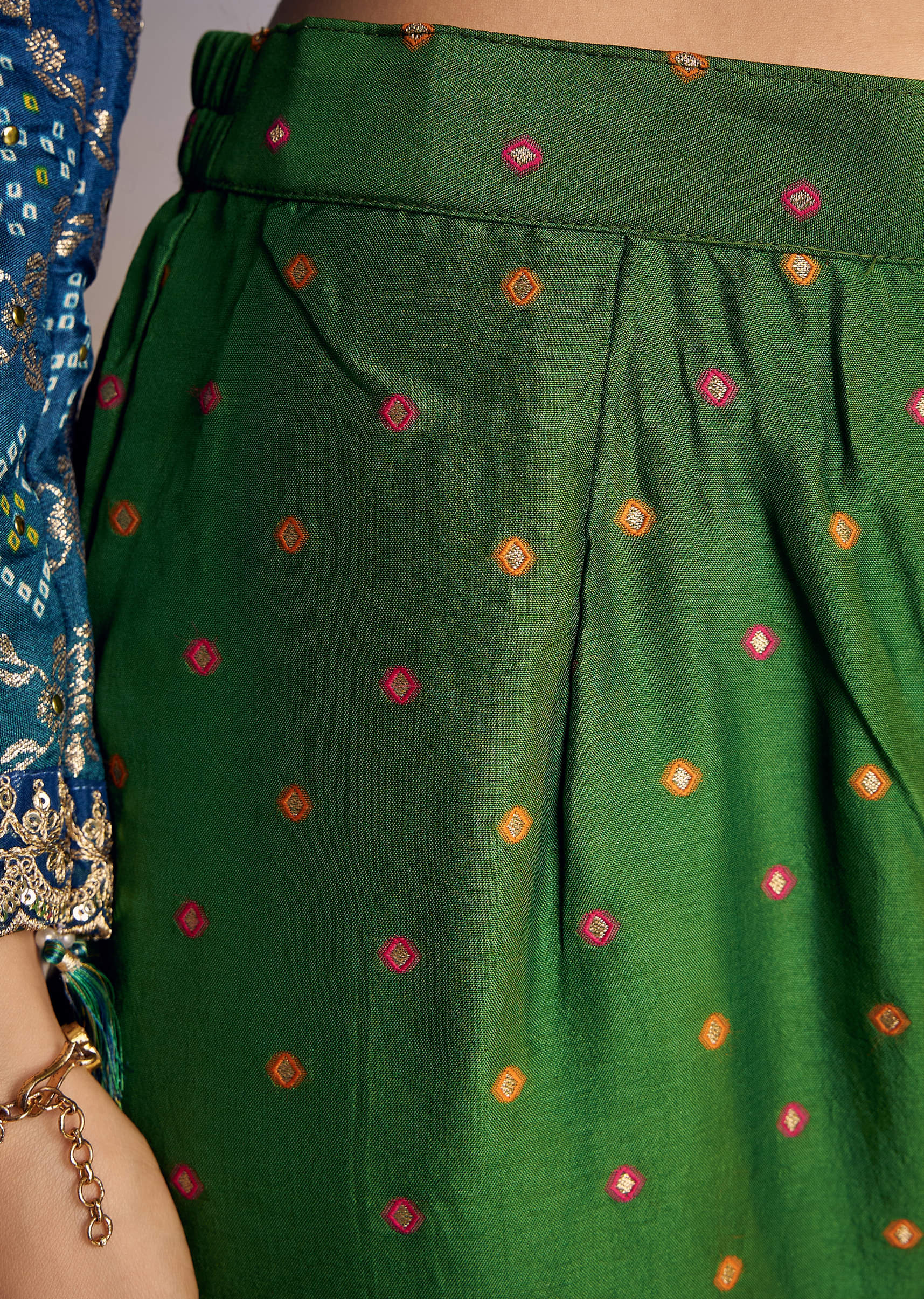 Blue And Green Ombre Bandhani Anarkali Suit With Zardosi Neckline