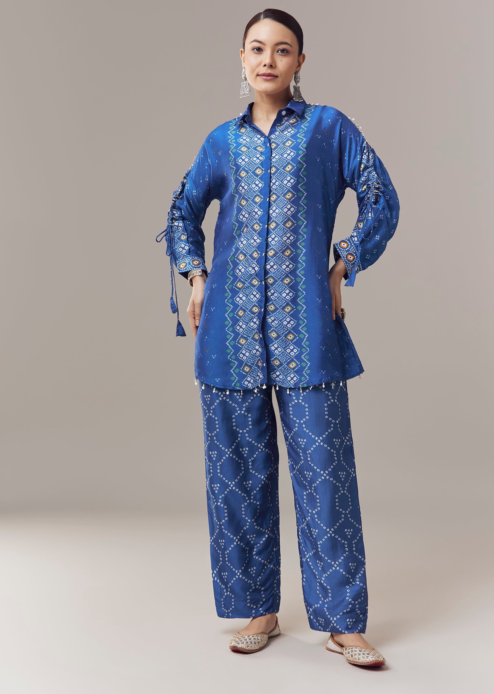 Blue Bandhani Print Silk Coord Set With Beads Detail