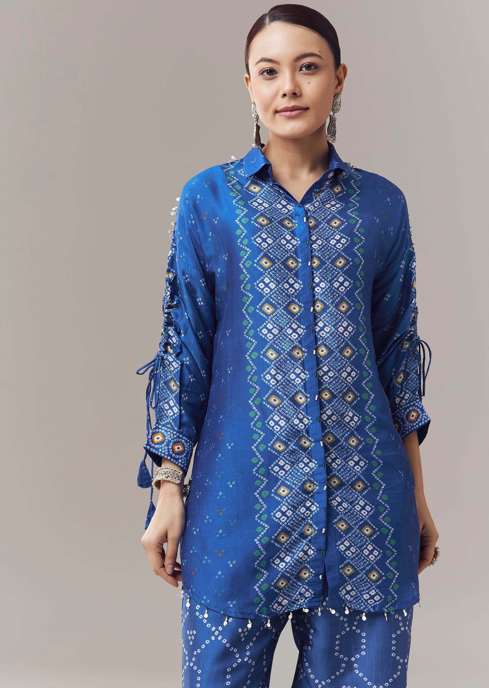 Blue Bandhani Print Silk Coord Set With Beads Detail