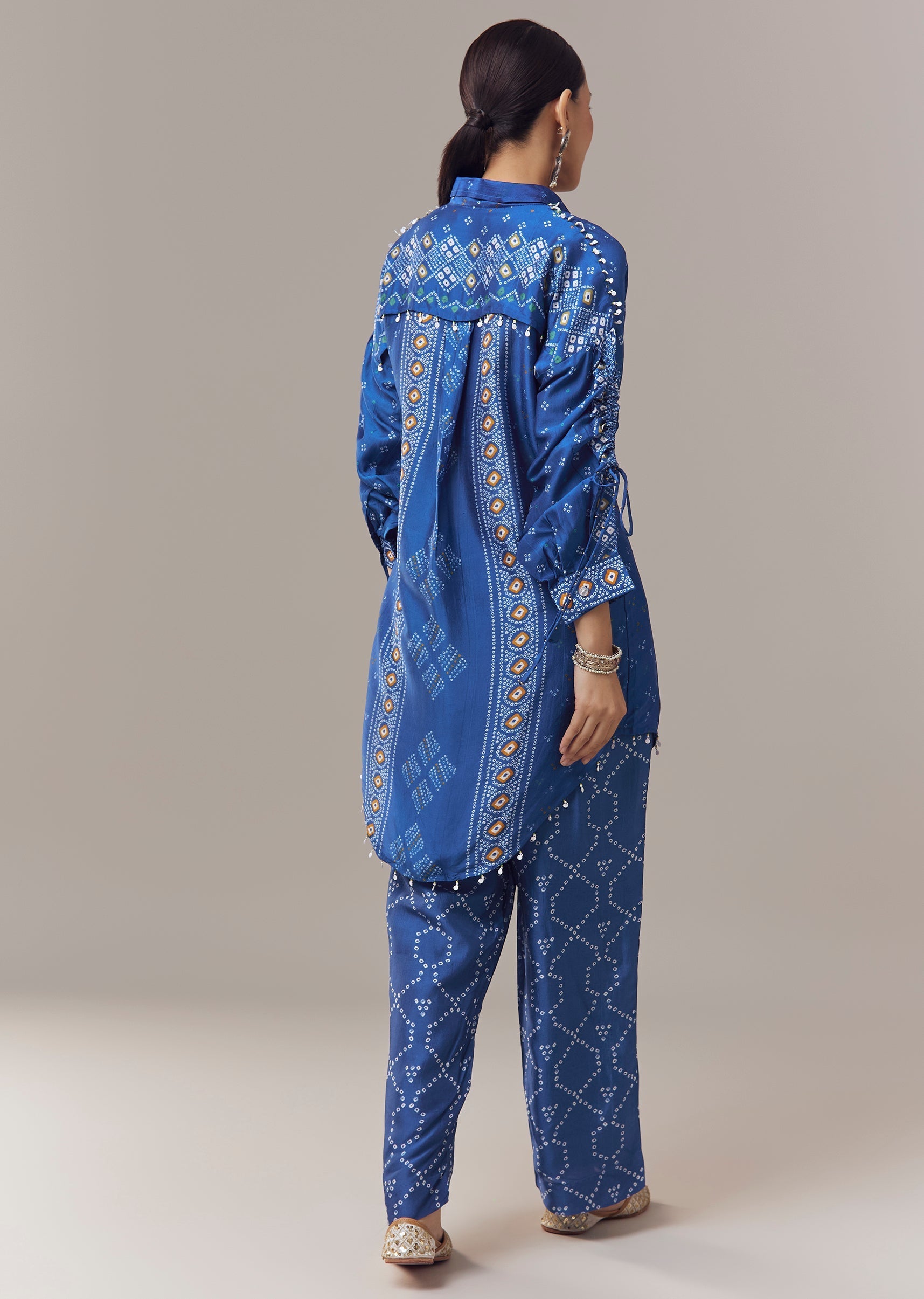 Blue Bandhani Print Silk Coord Set With Beads Detail