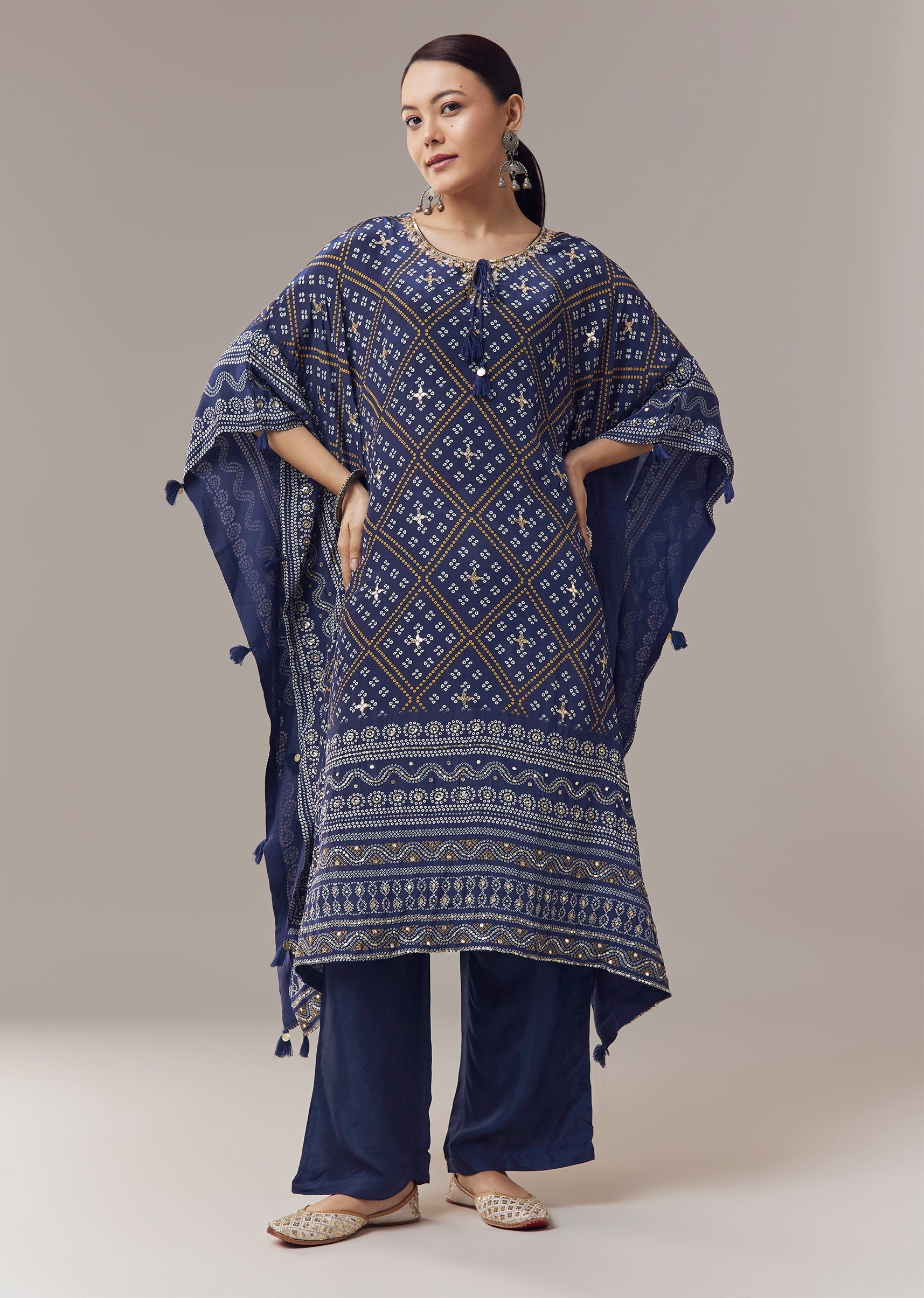 Blue Kaftan Kurti In Bandhani Print With Gotta Work