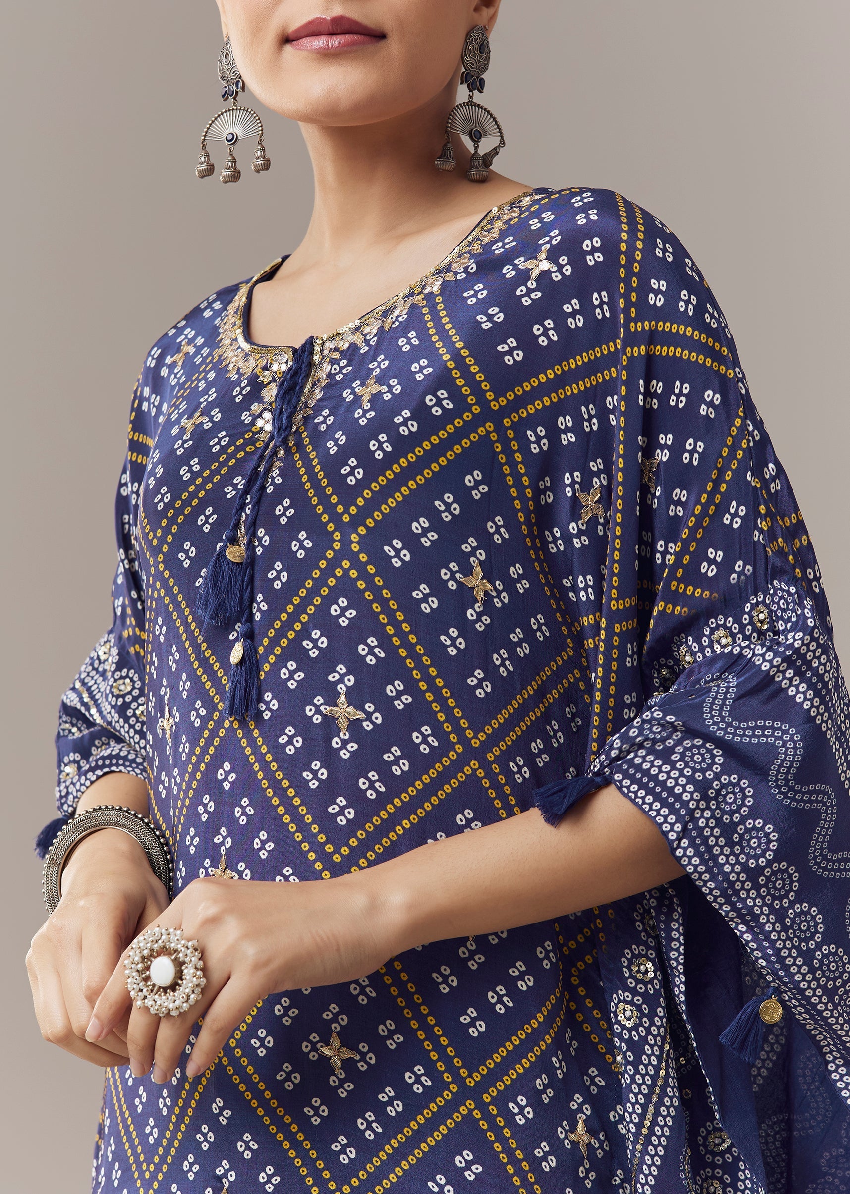 Blue Kaftan Kurti In Bandhani Print With Gotta Work