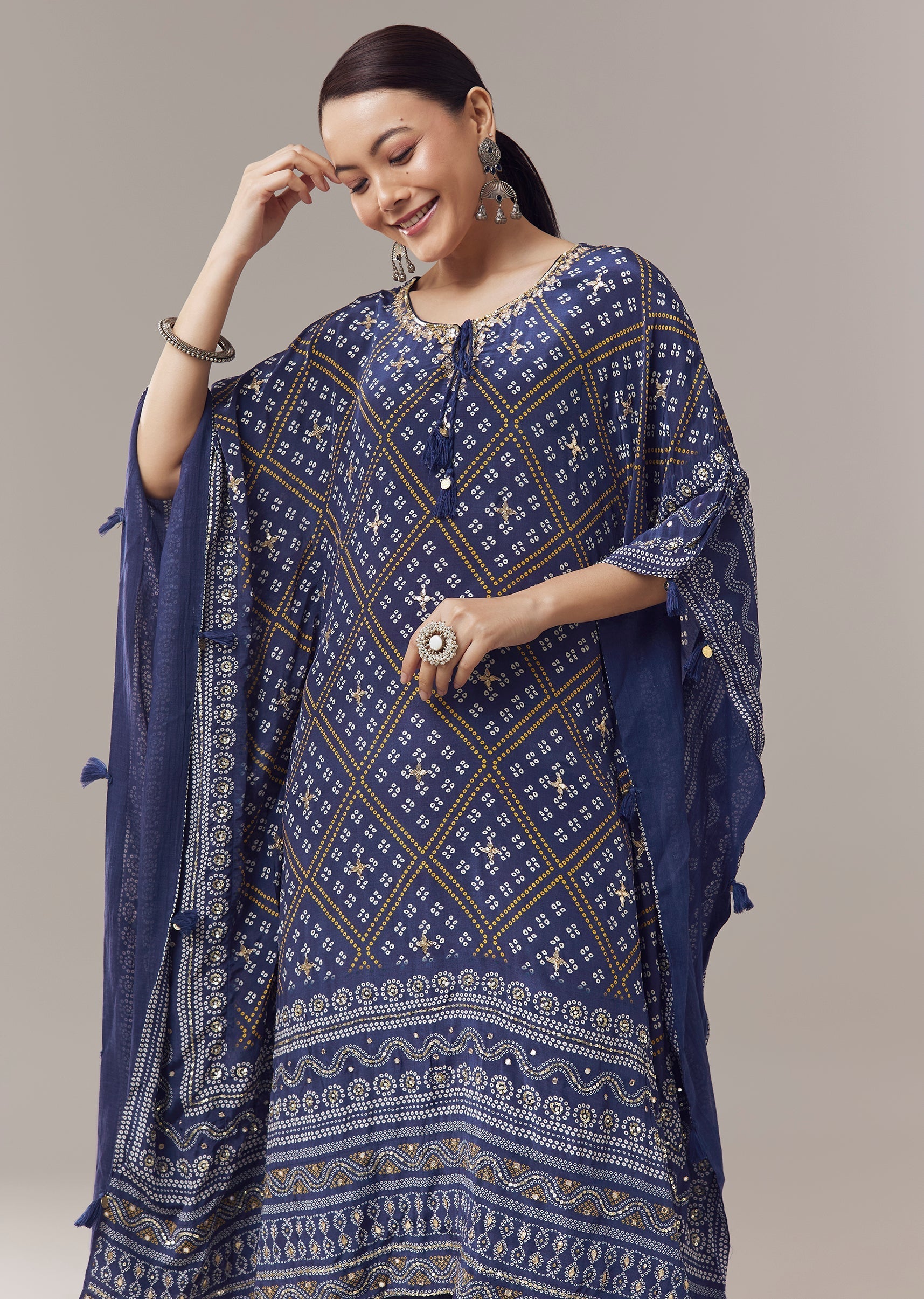Blue Kaftan Kurti In Bandhani Print With Gotta Work