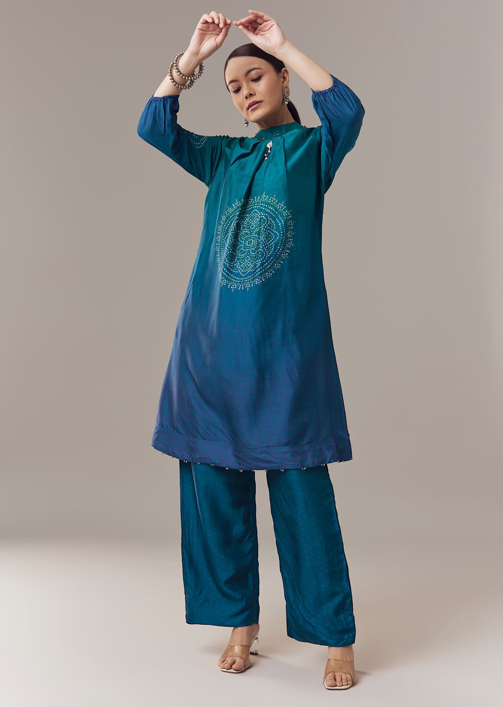 Blue Ombre Silk Coord Set With Bandhani Prints And Beads Work