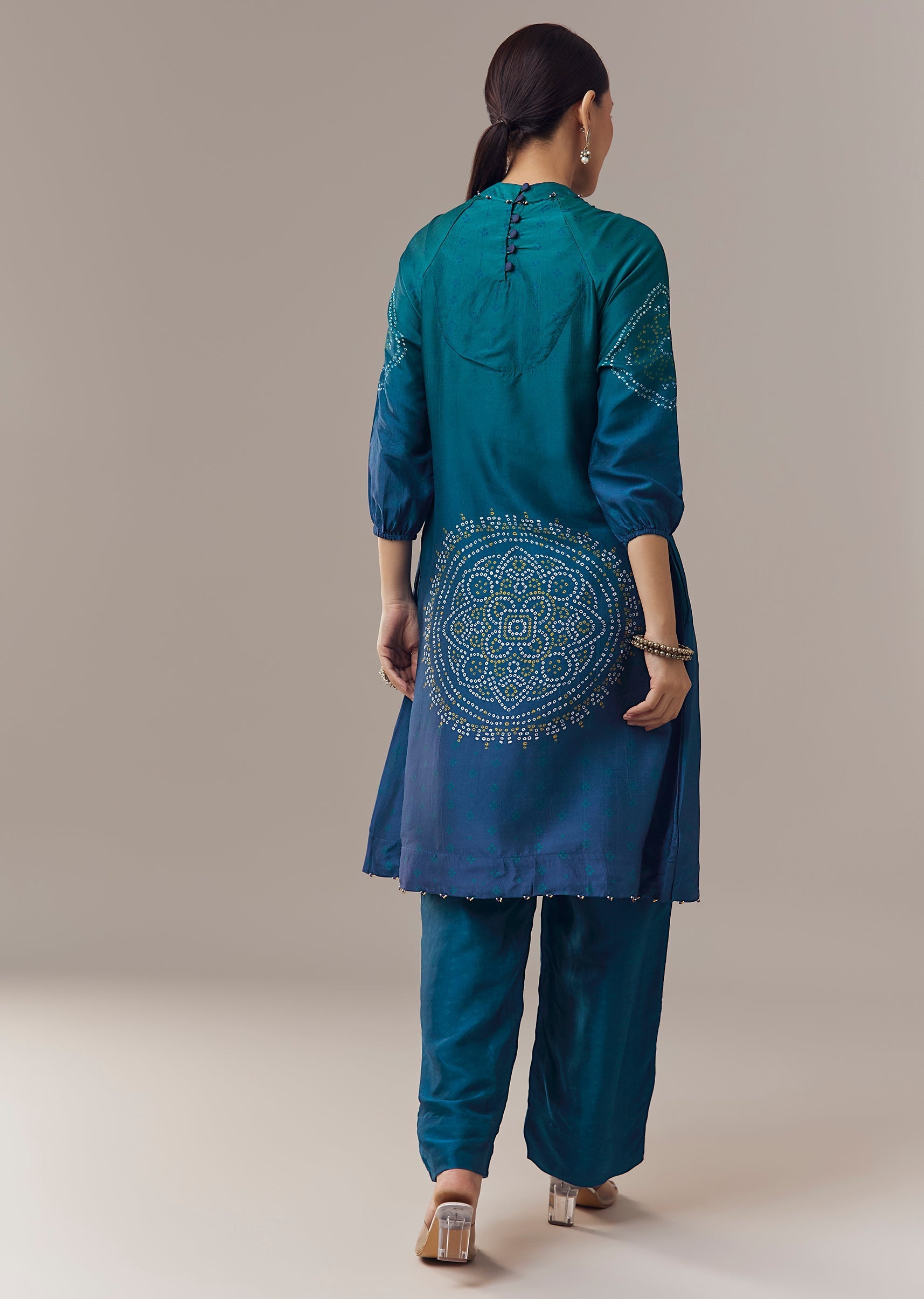 Blue Ombre Silk Coord Set With Bandhani Prints And Beads Work