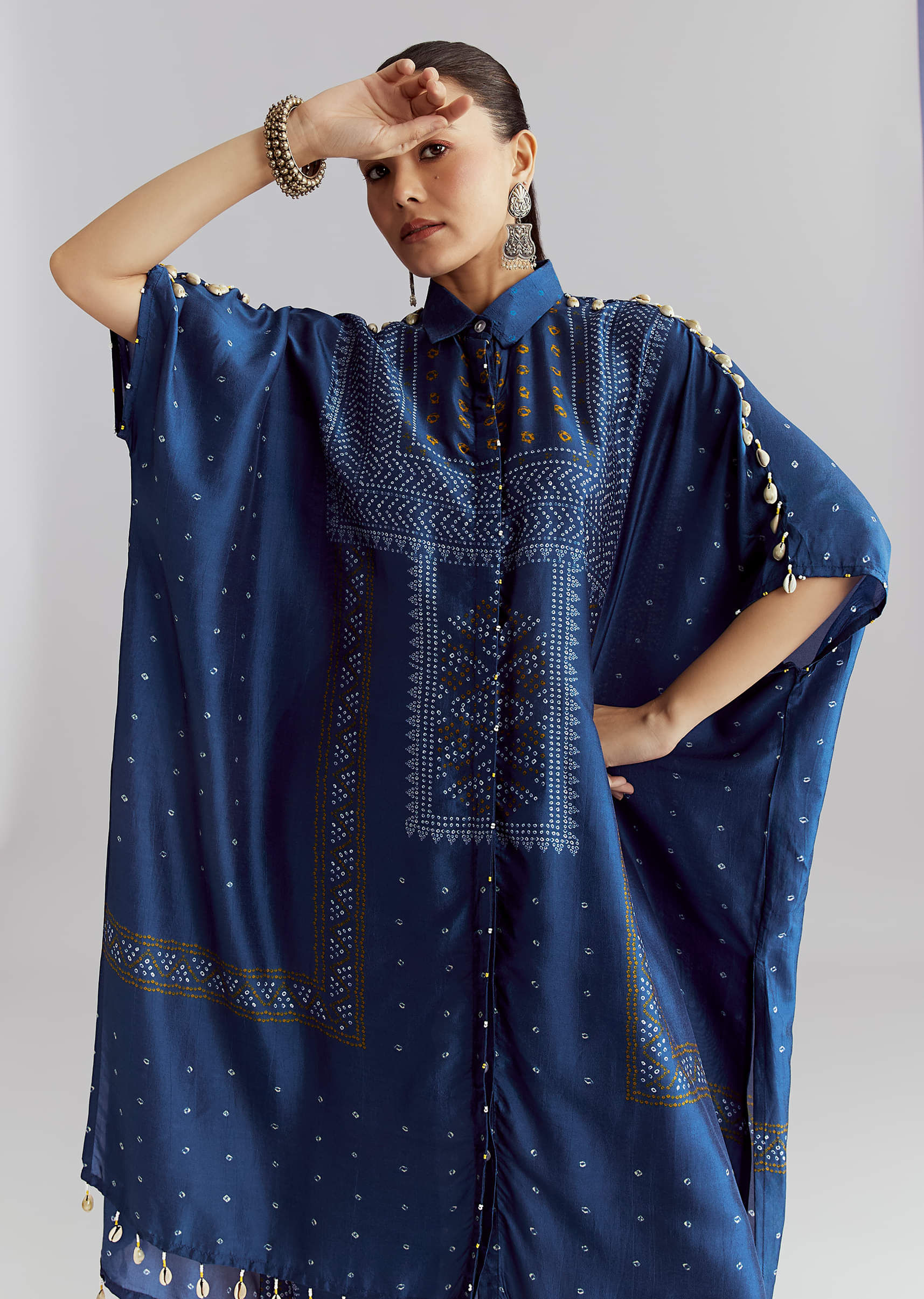 Blue Silk Kaftaan Kurta Set With Bandhani Print