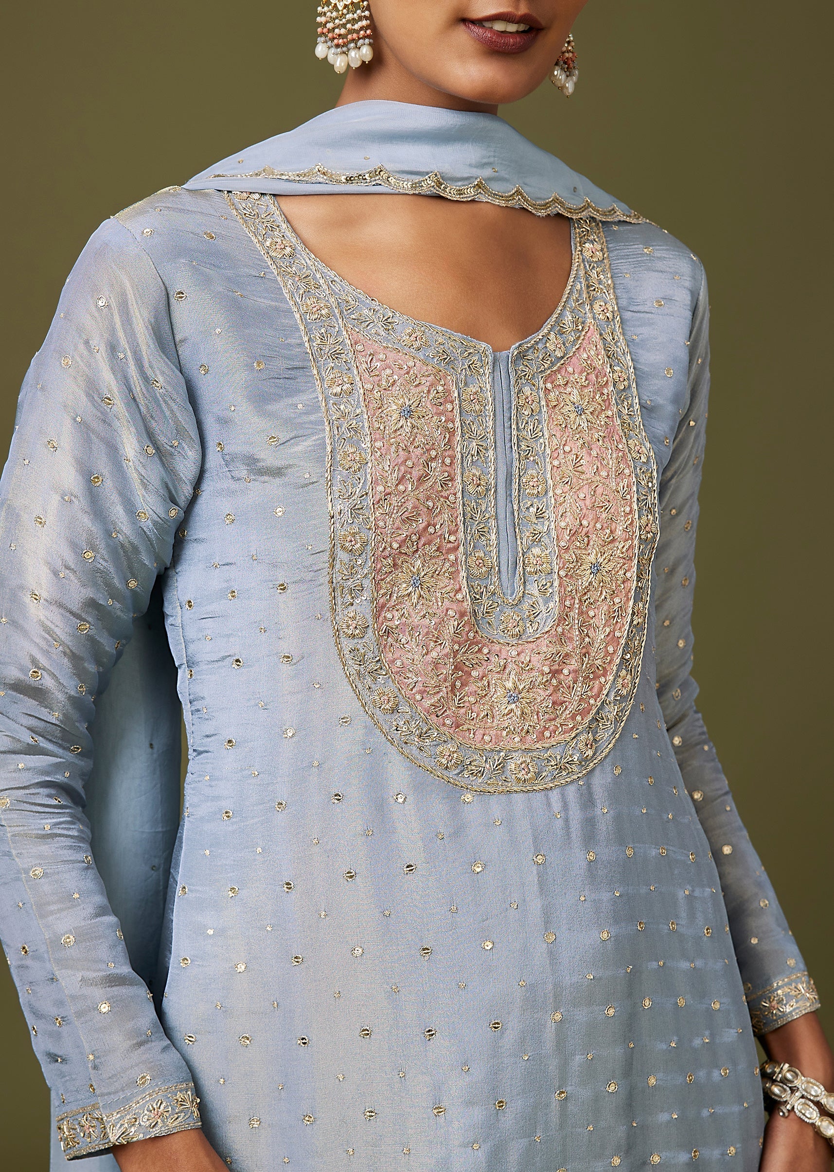 Blue Zardozi Sequin Organza Palazzo Suit With Dupatta