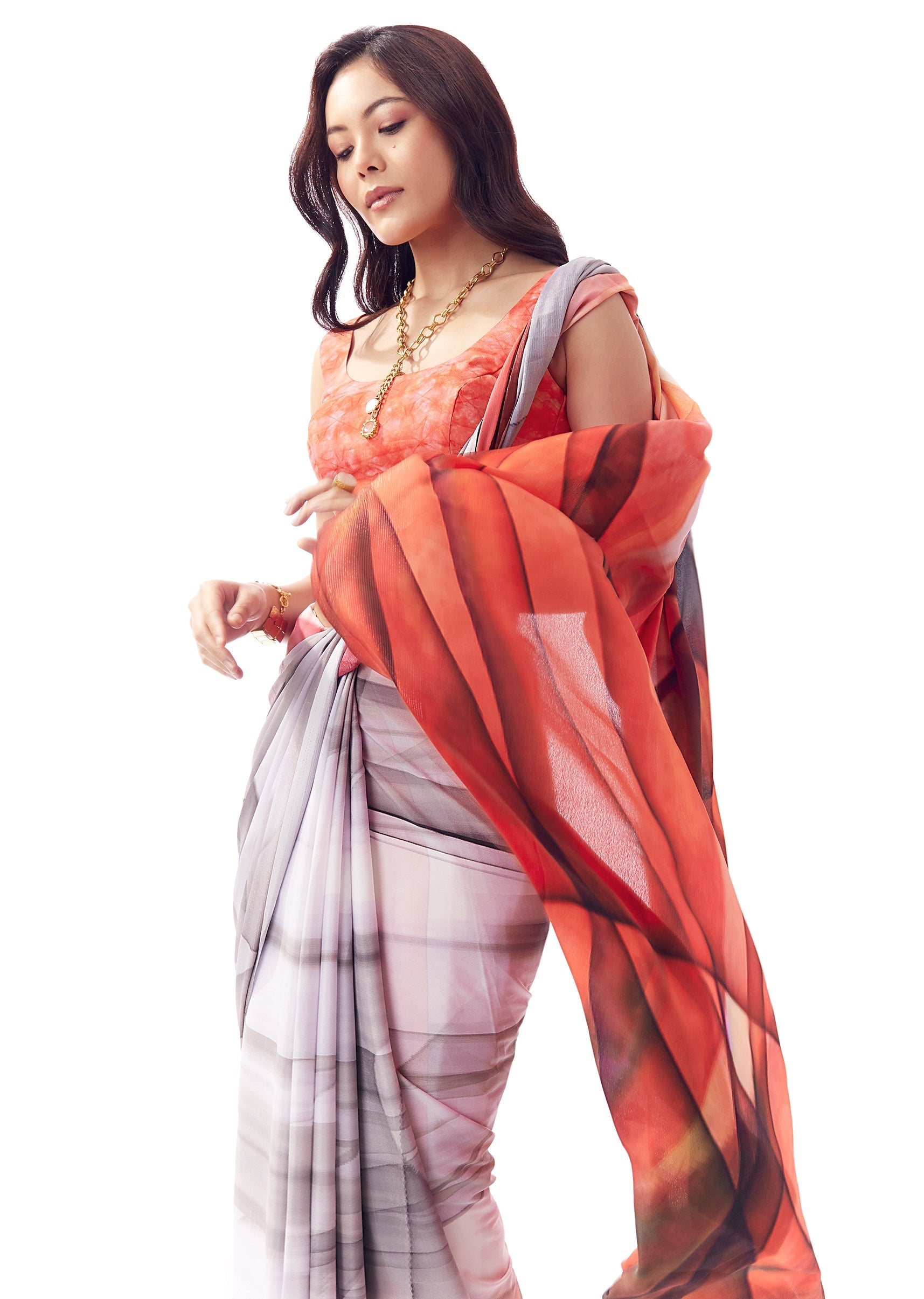 Blush Grey And Red Georgette Saree With All Over Abstract Print