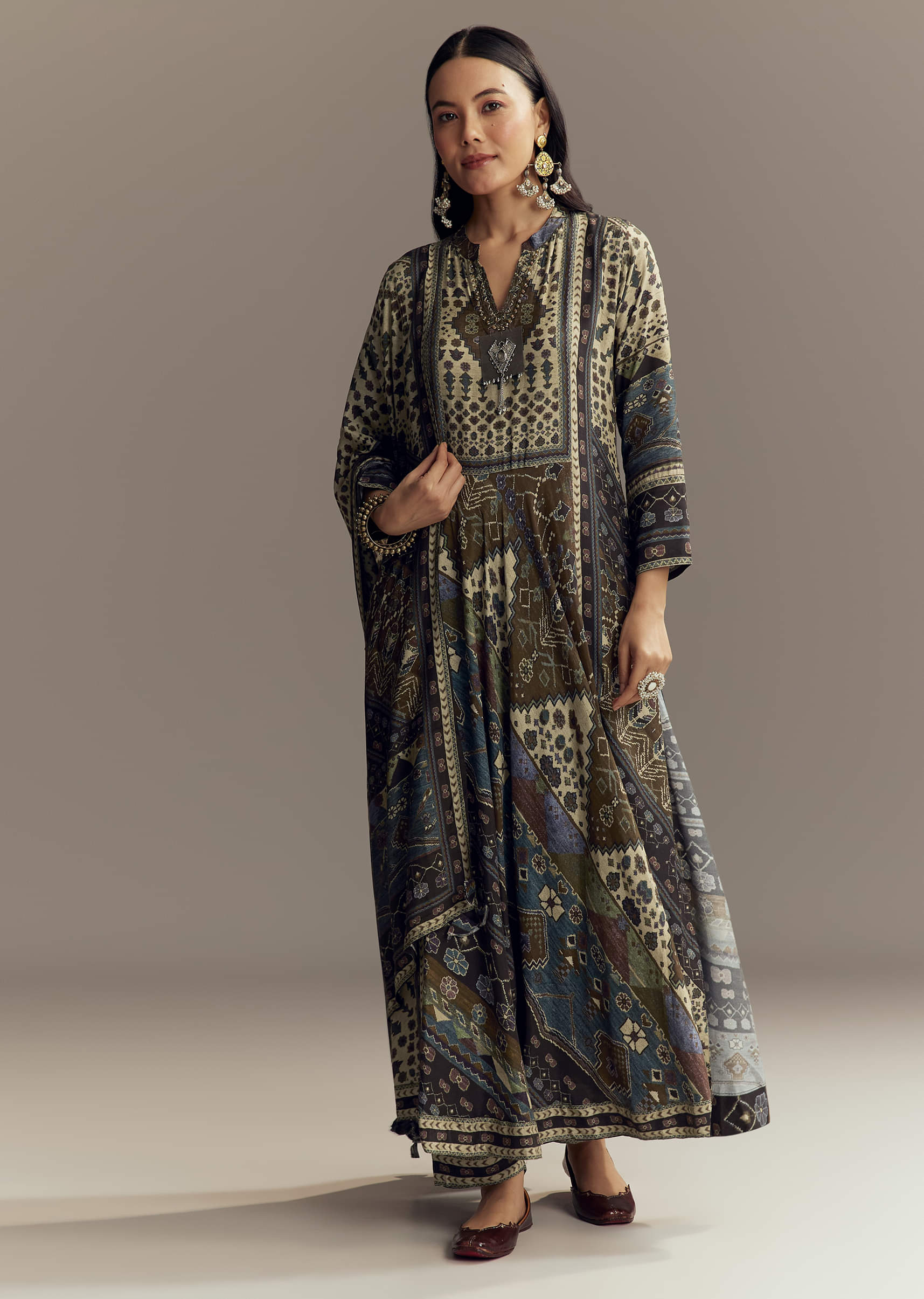 Brown Muslin Printed Anarkali Suit