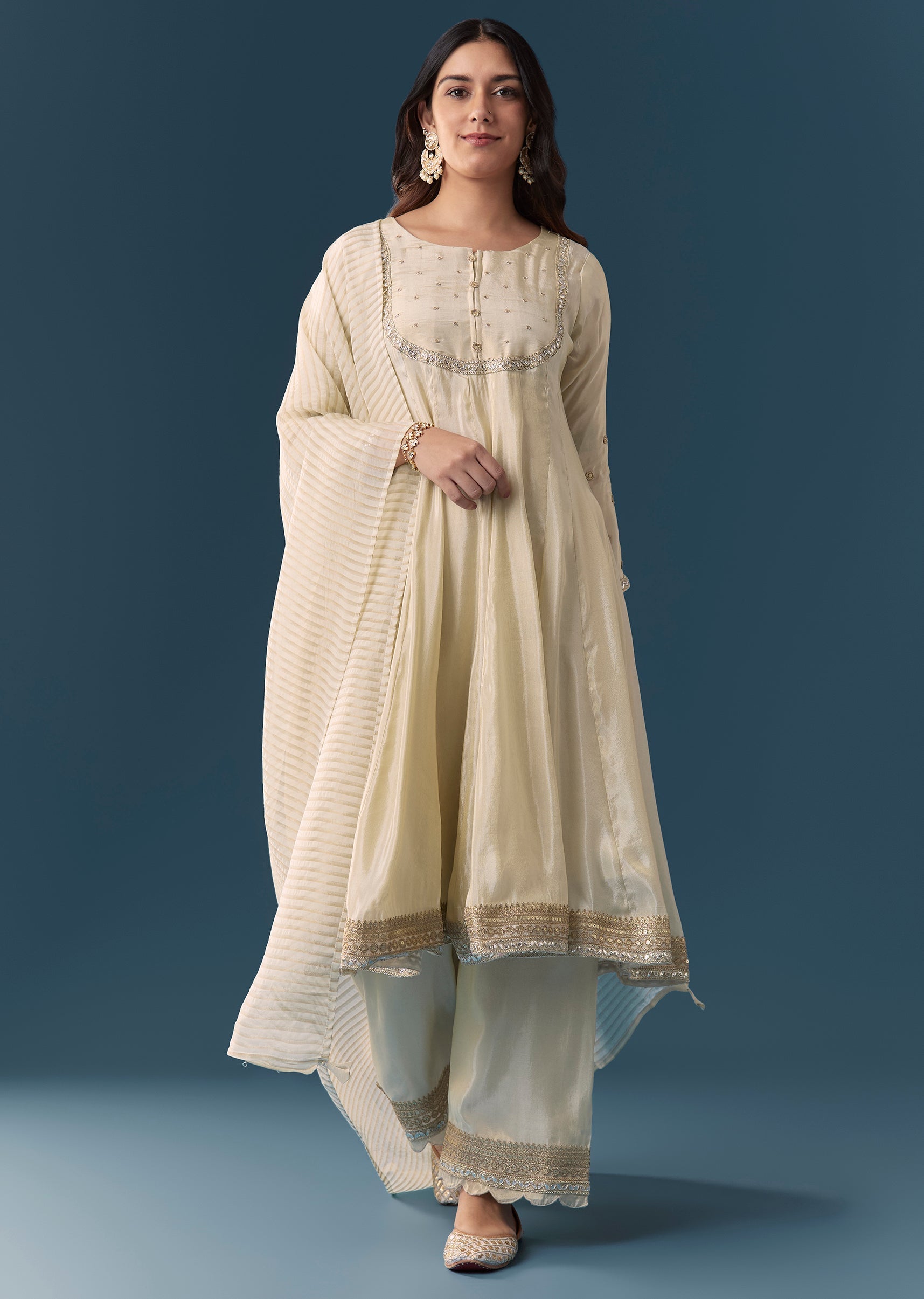 Cream Gotta Lace Tissue Anarkali Suit Set With Pant And Dupatta