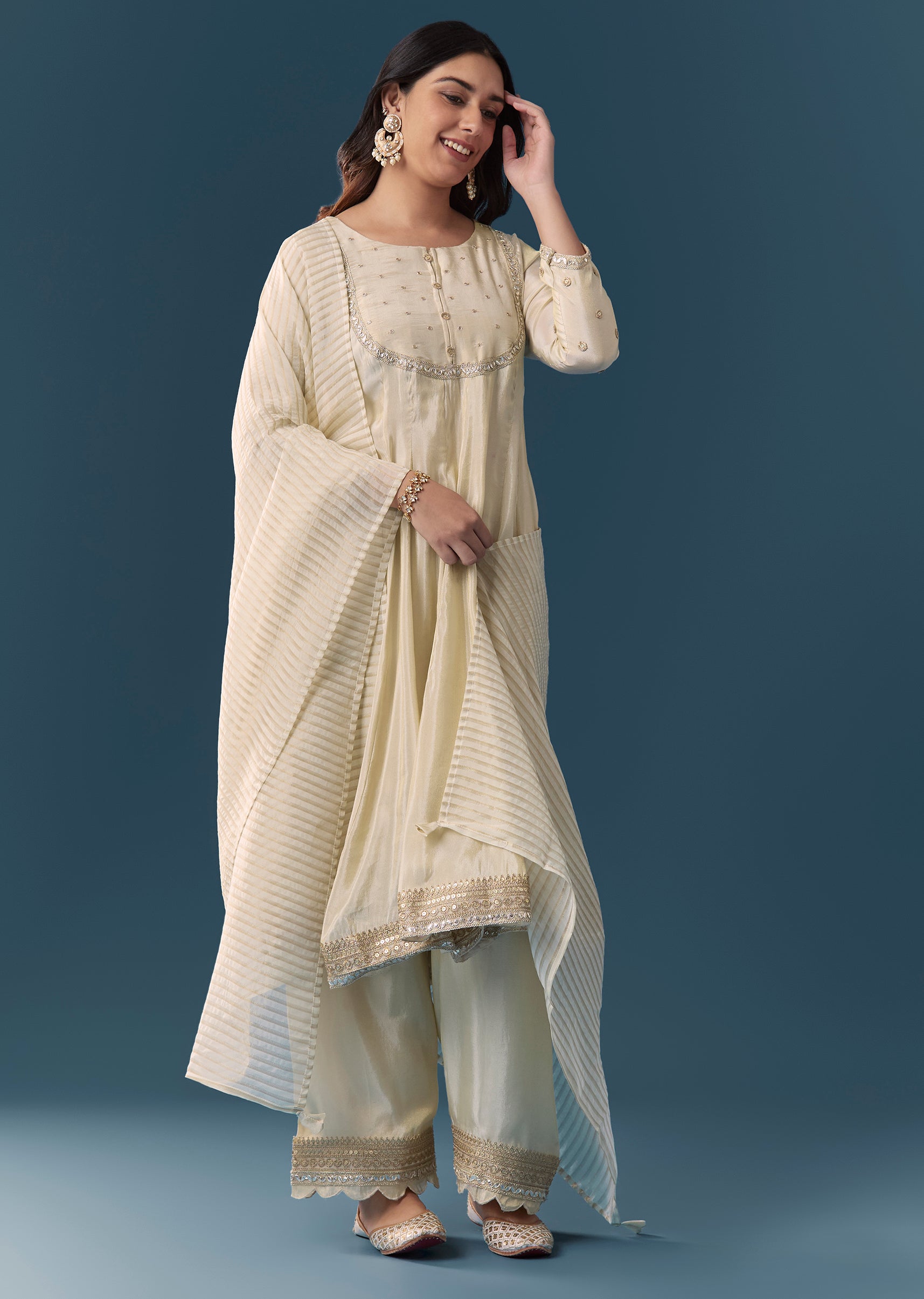 Cream Gotta Lace Tissue Anarkali Suit Set With Pant And Dupatta