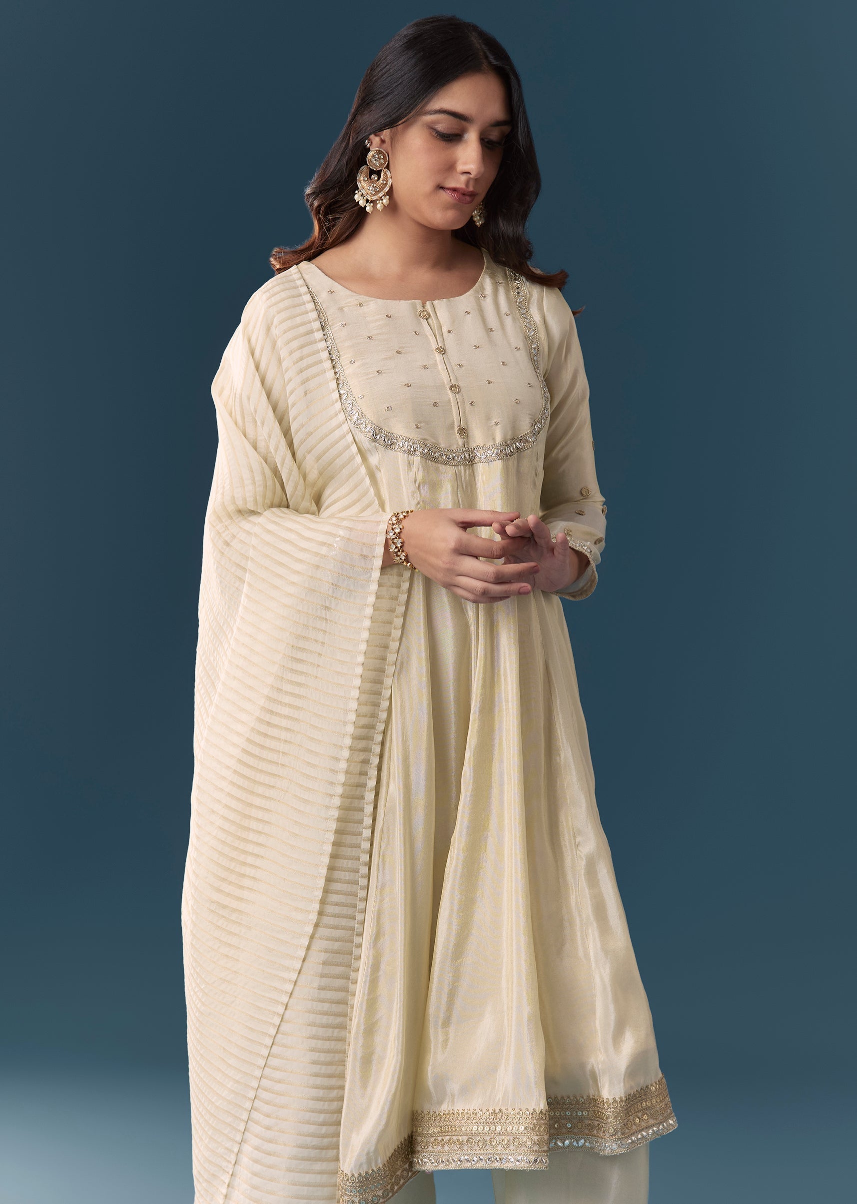 Cream Gotta Lace Tissue Anarkali Suit Set With Pant And Dupatta