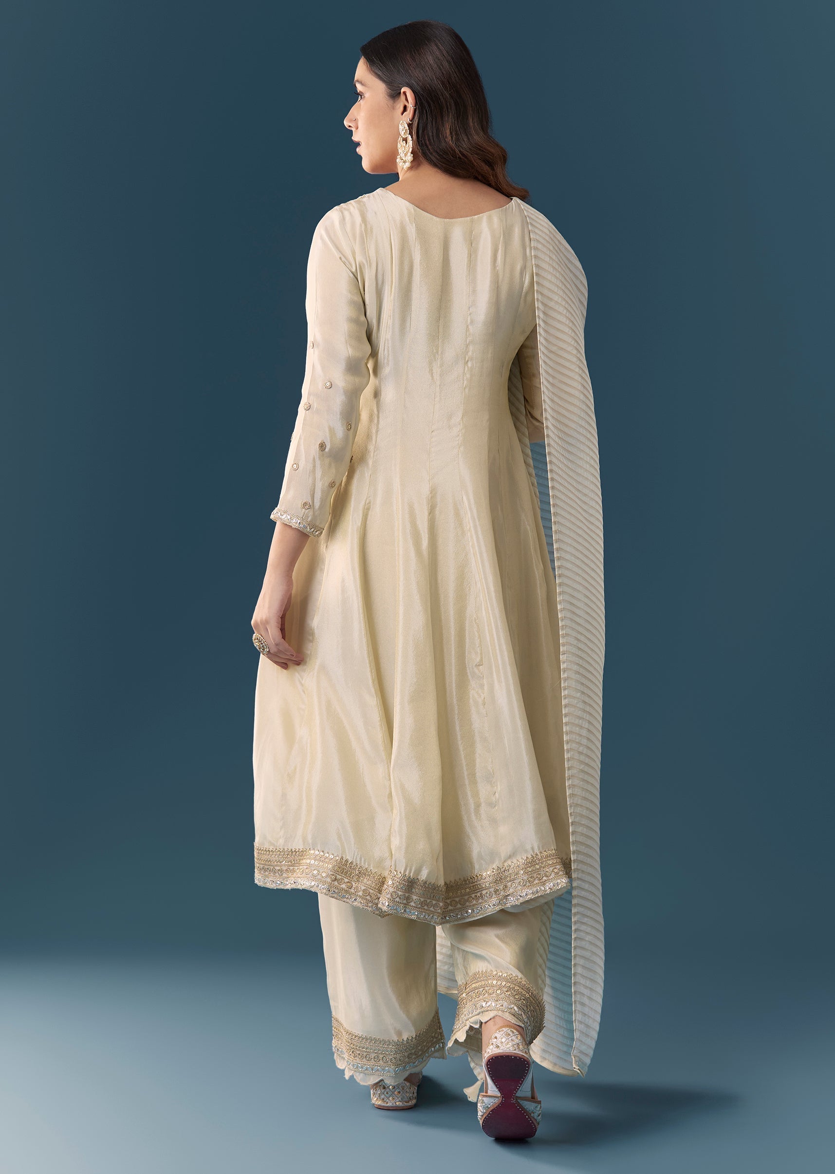 Cream Gotta Lace Tissue Anarkali Suit Set With Pant And Dupatta