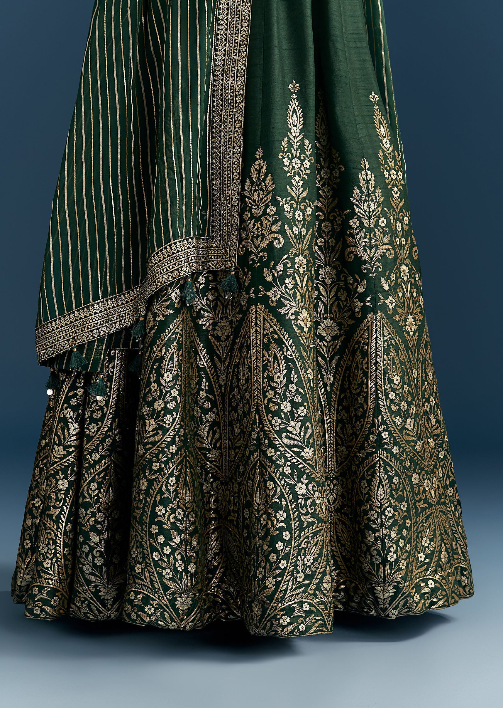 Dark Green Jacquard Silk Anarkali Suit With Festive Jacket Overlay
