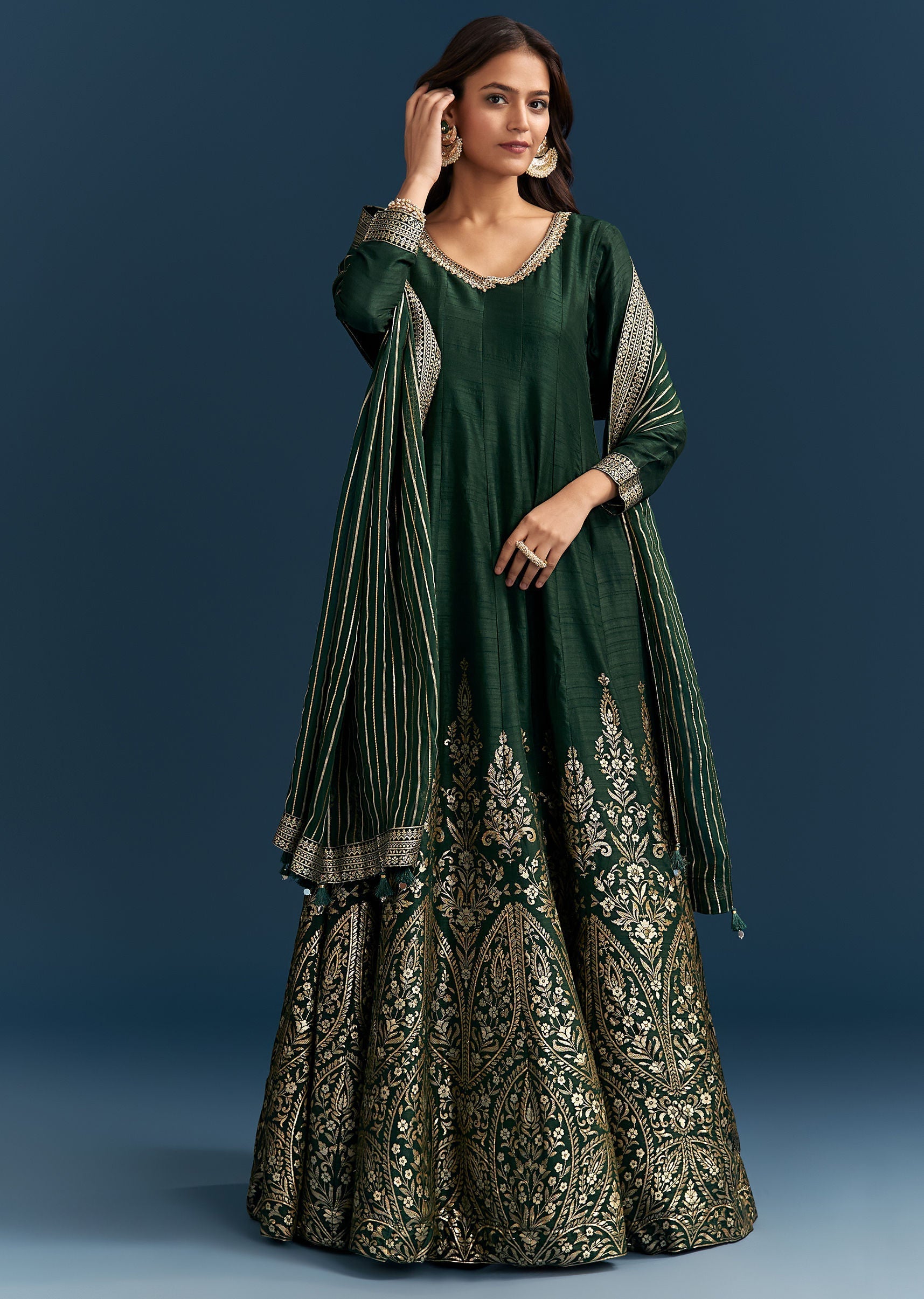 Dark Green Jacquard Silk Anarkali Suit With Festive Jacket Overlay
